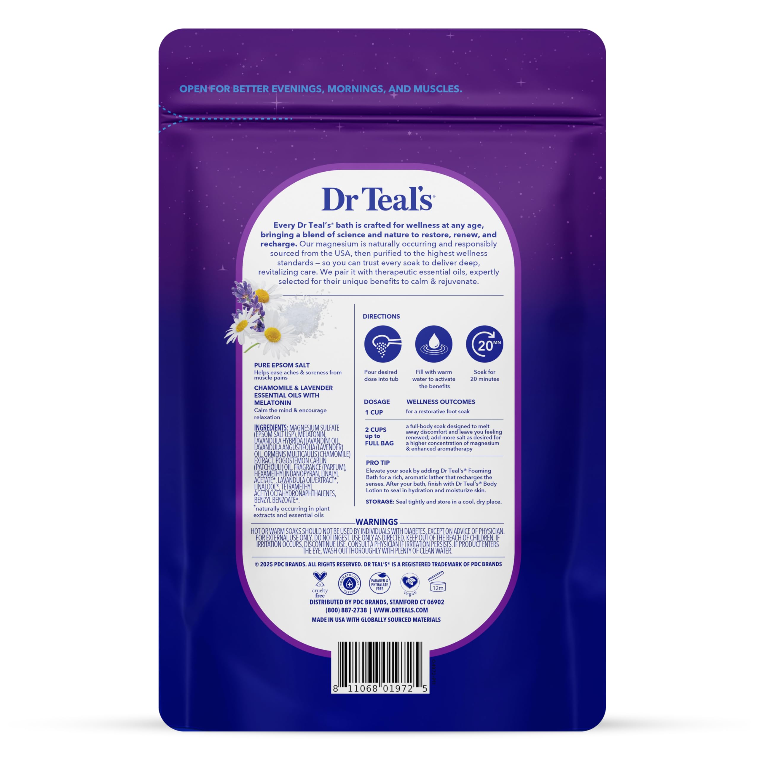 Dr Teal's open tub revealing fine Epsom salt texture and calming scent