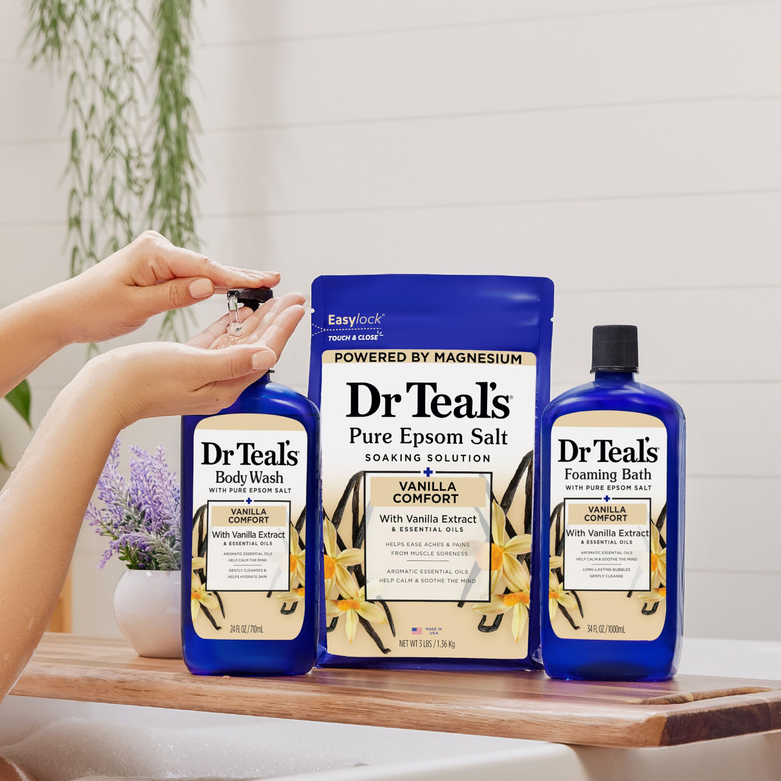 Dr Teal's bottle in a bathroom lifestyle scene promoting relaxation