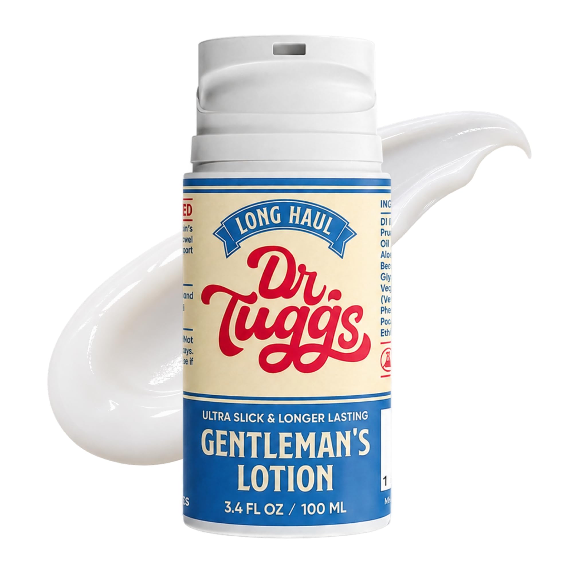 Dr. Tuggs bottle front view showing label and 3.4 oz size, highlighting long-lasting glide
