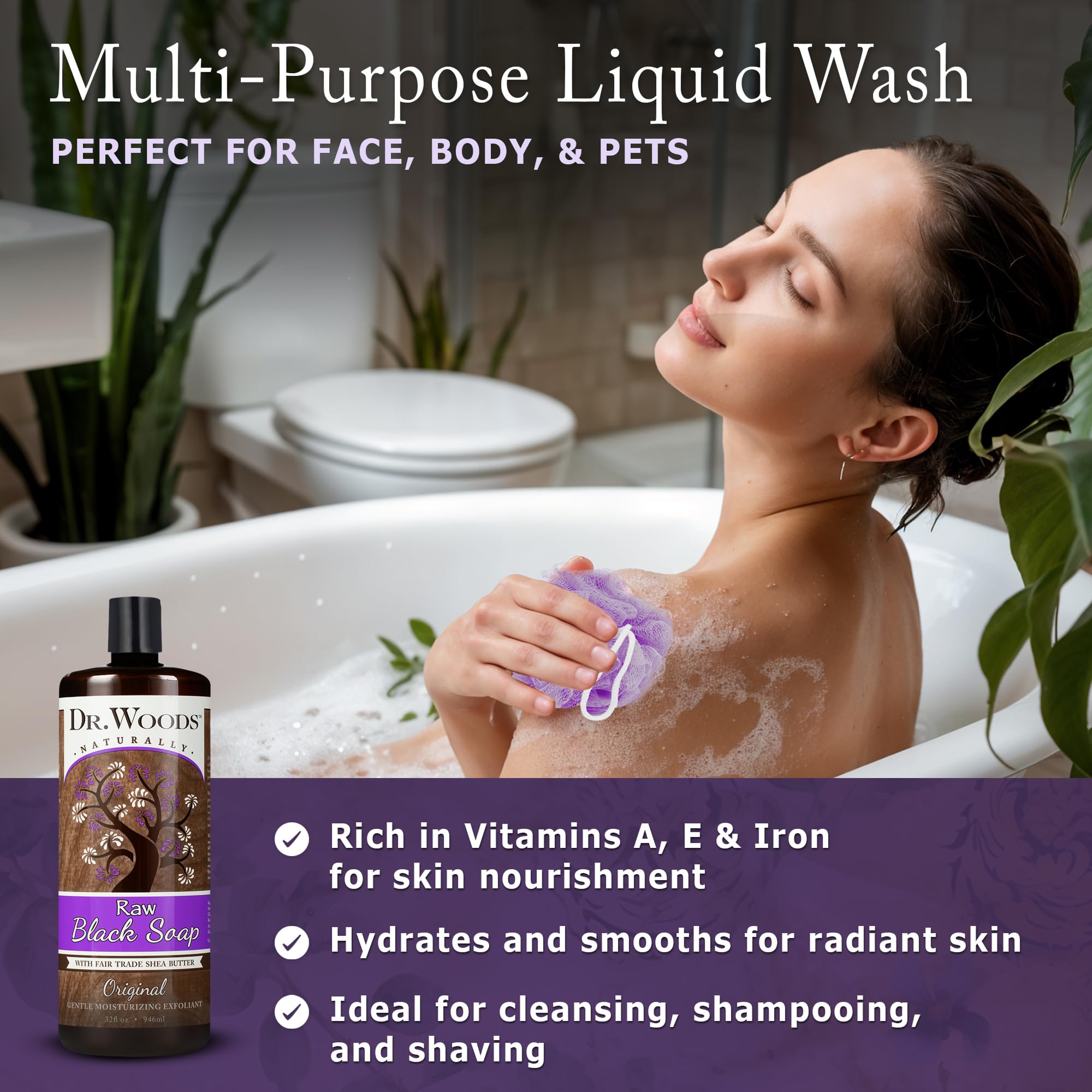 Dr. Woods label close-up listing natural ingredients and ethical sourcing benefit