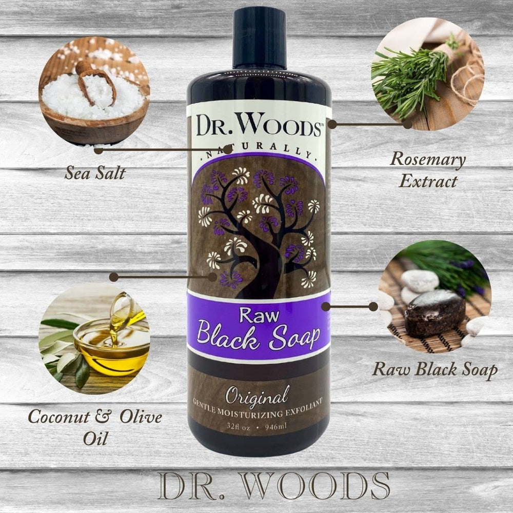 Hand using Dr. Woods soap with loofah demonstrating exfoliation and gentle cleansing