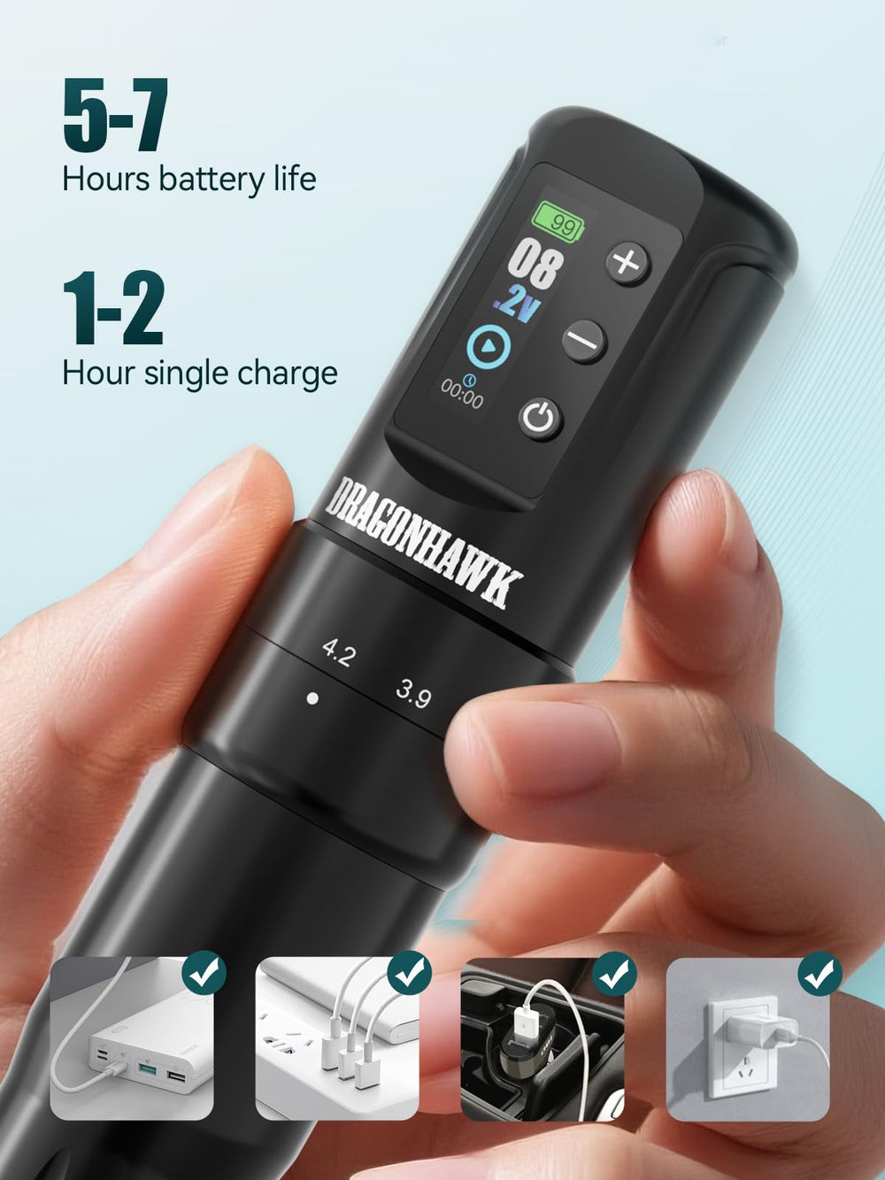 Dragonhawk Atom2 Pro next to standard cartridge needles showing universal fit convenience