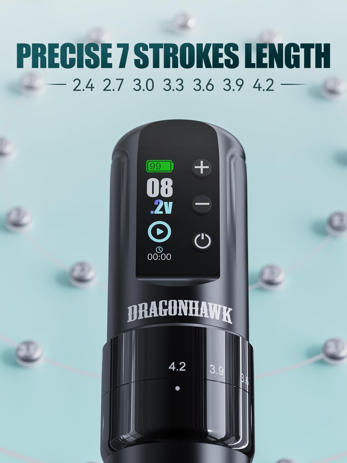 Dragonhawk Atom2 Pro stroke ring close-up showing seven adjustable lengths for versatility