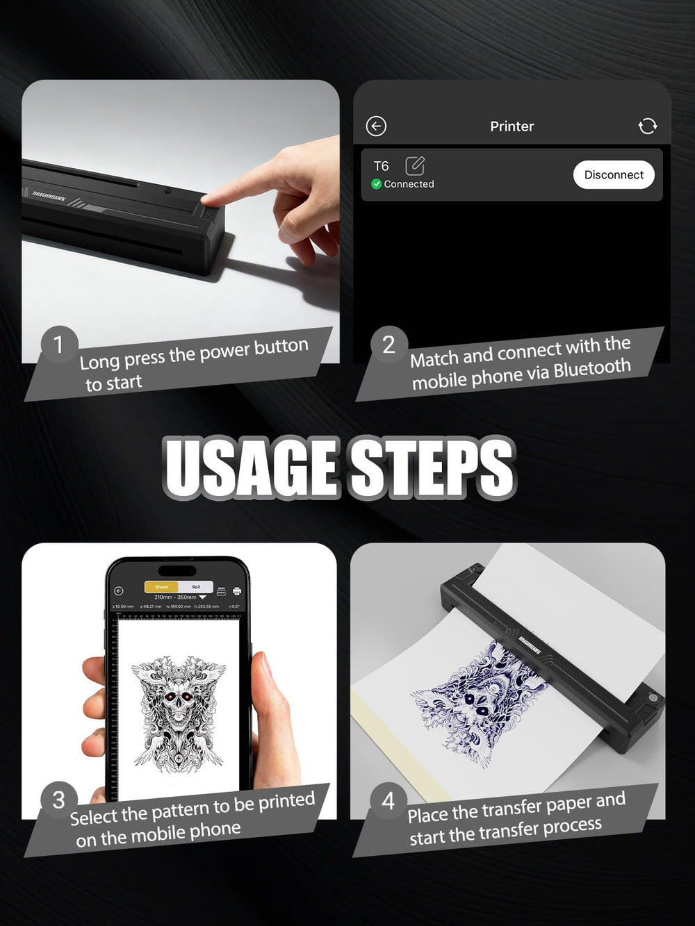 Dragonhawk pen tattooing on practice skin demonstrating low-vibration precise control