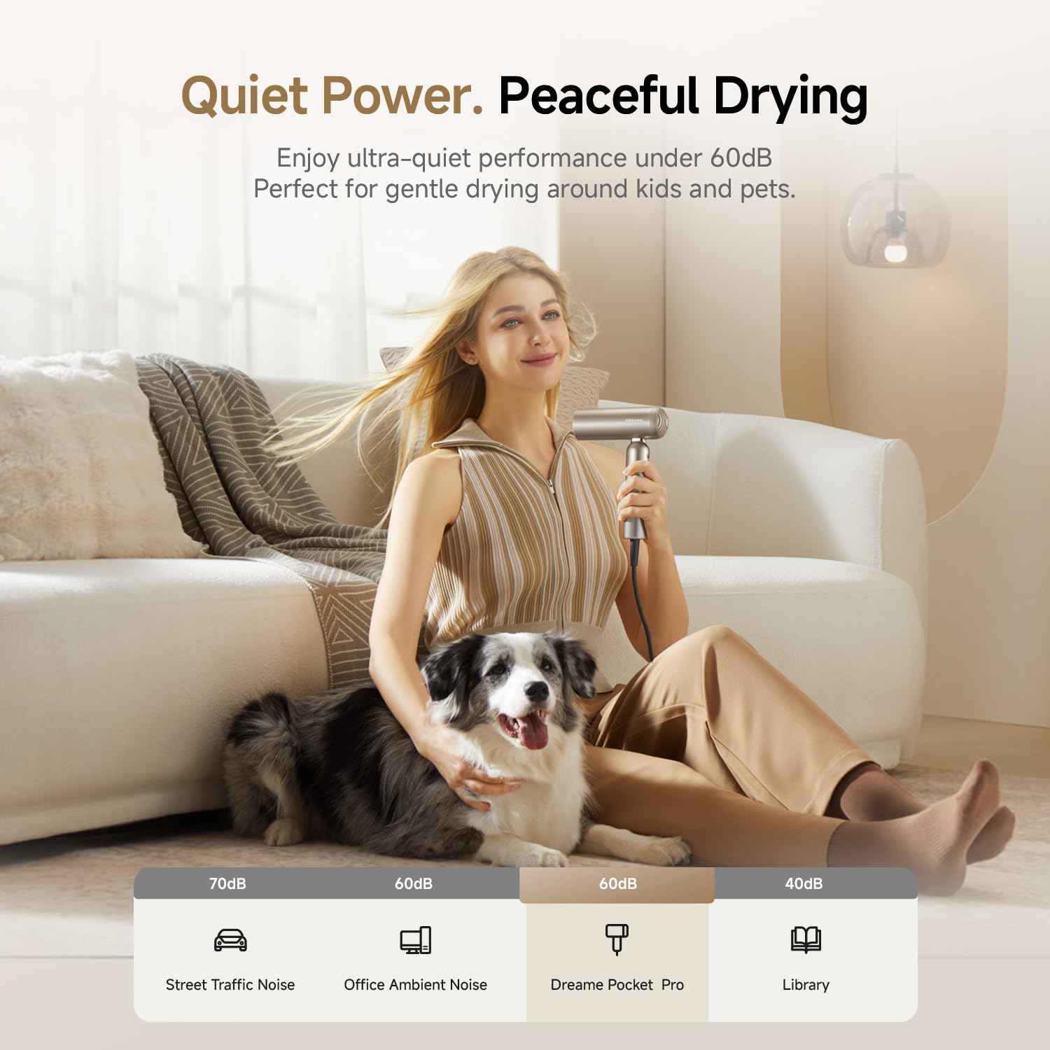 dreame pocket pro drying hair in hotel illustrating fast travel-friendly performance