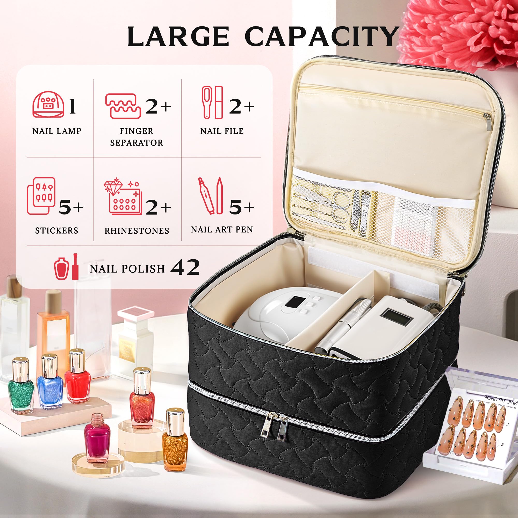 DreamGenius open lower layer with 42 upright polish bottles providing secure storage