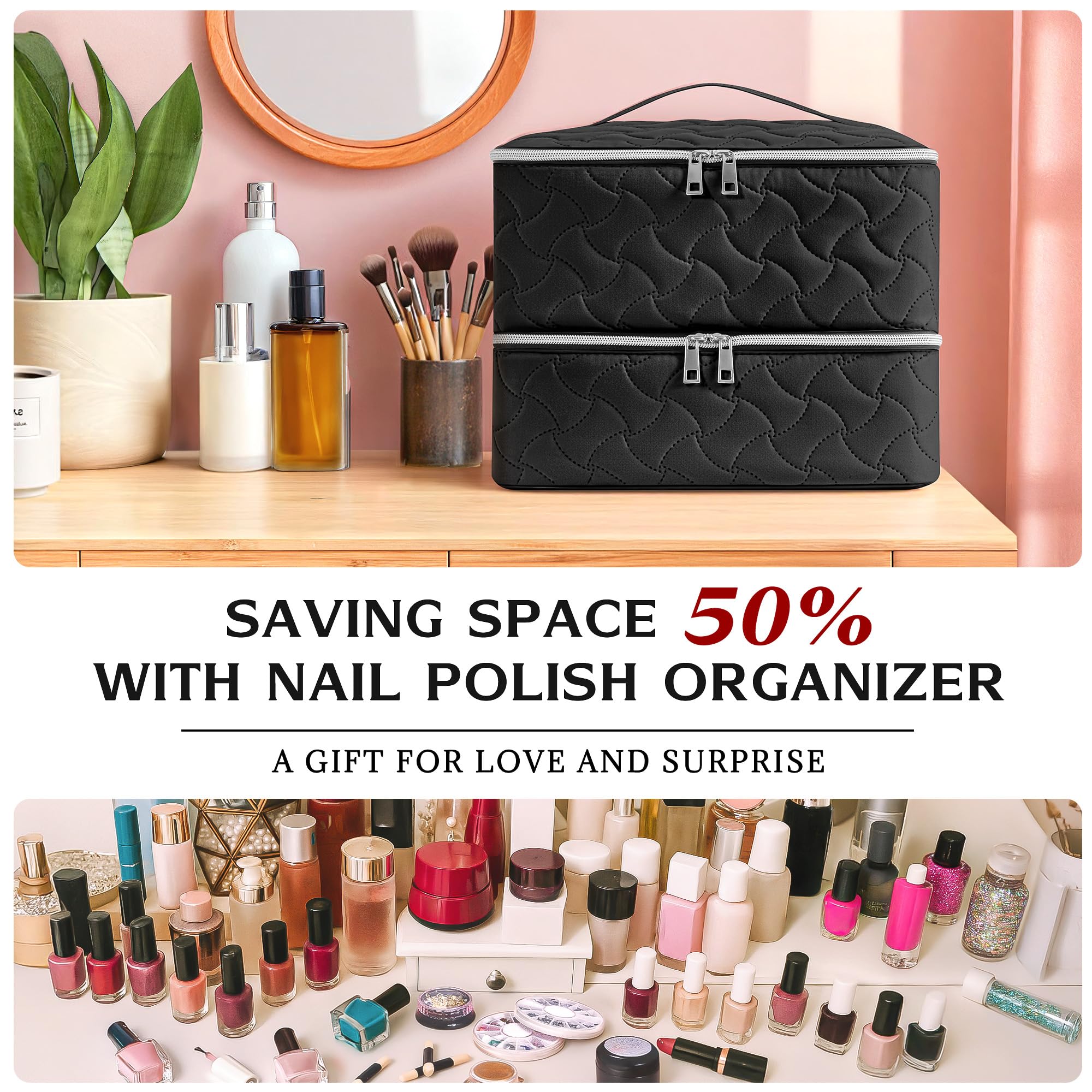 DreamGenius top layer with adjustable dividers holding a mini nail lamp and tools