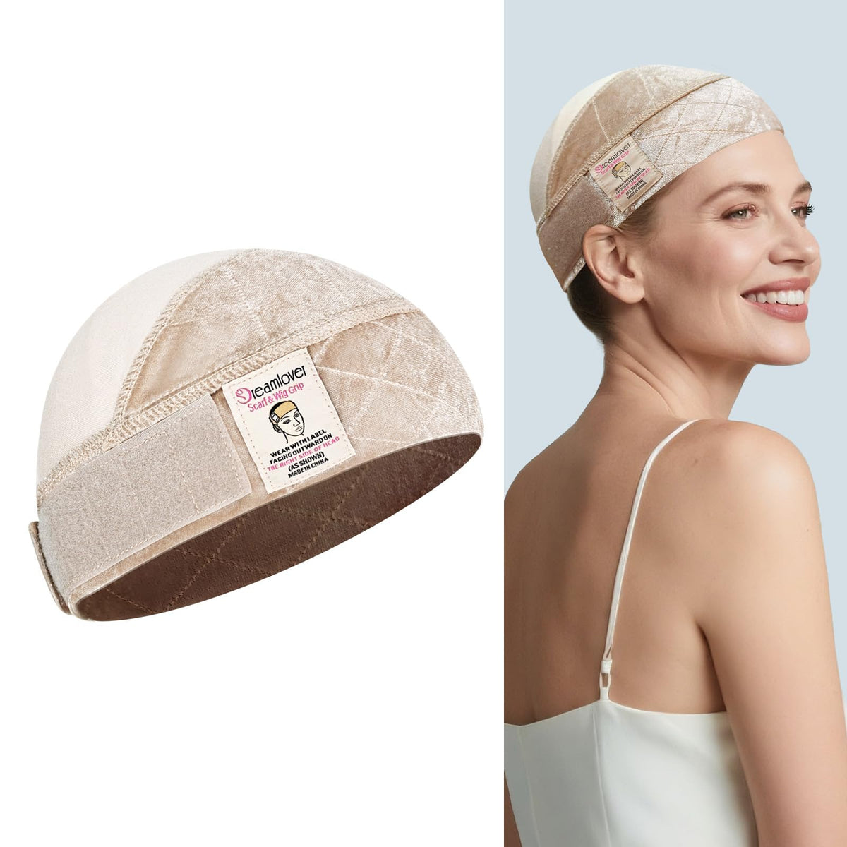 Dreamlover front view of nude 2-in-1 wig grip cap showing product and benefit