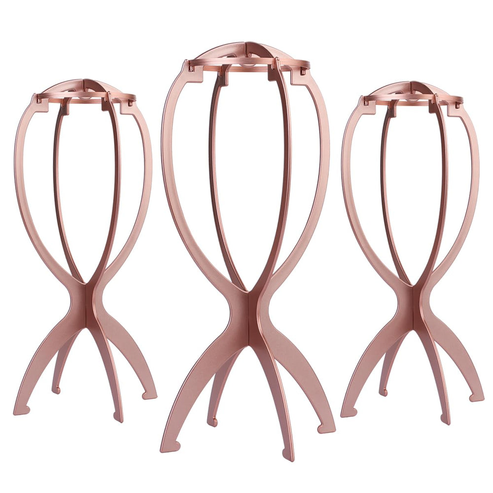 Dreamlover rose gold wig stand front view shows stable display and neat styling
