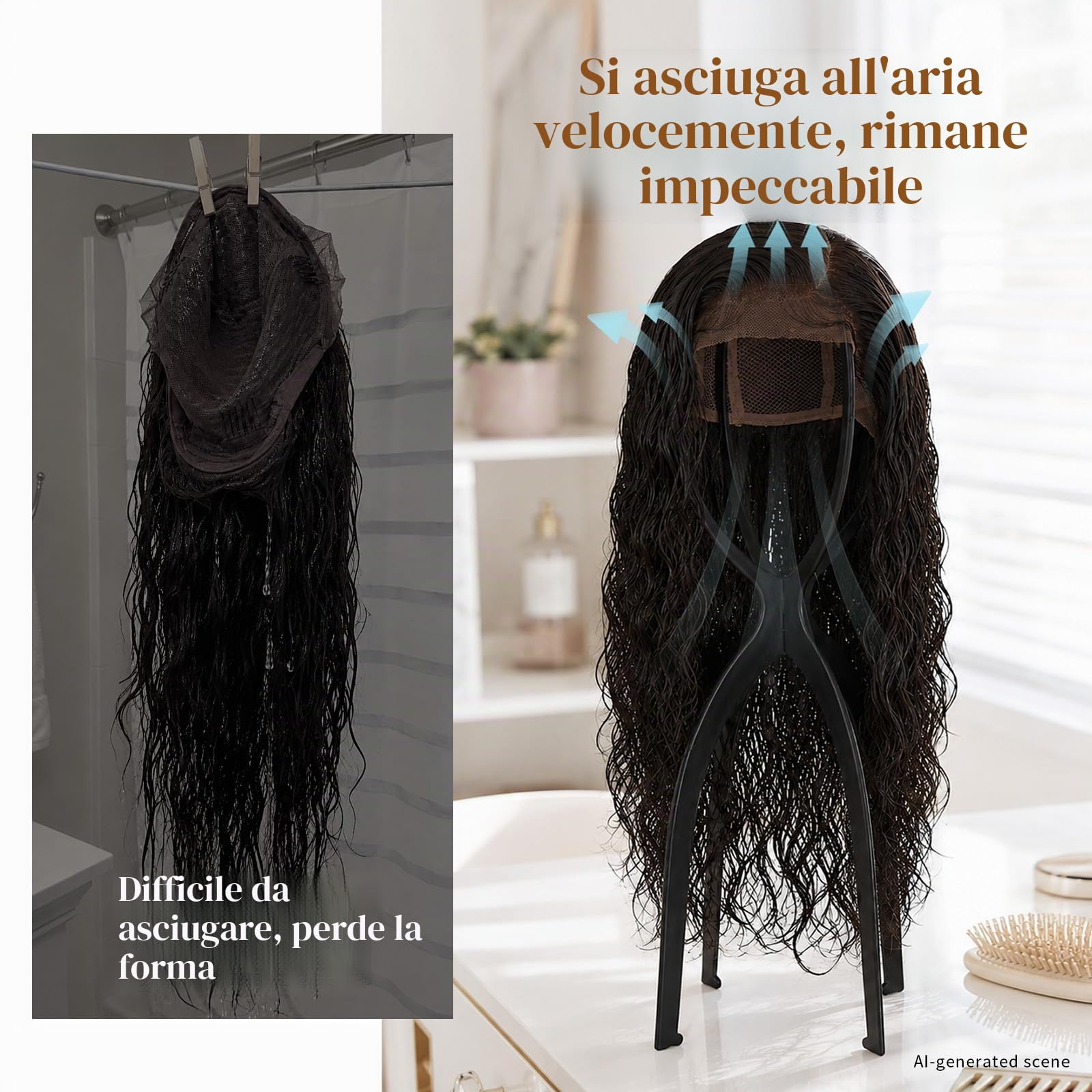 Dreamlover stand holding a long wig to show faster drying and better airflow
