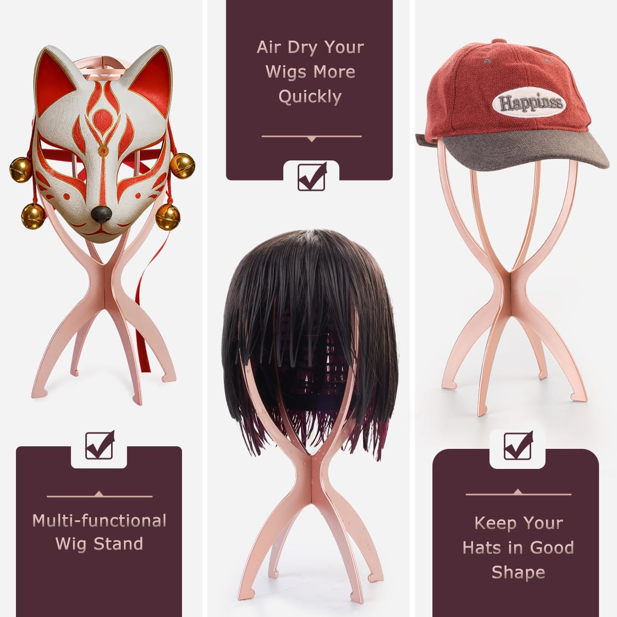 Dreamlover stand holding blonde wig demonstrating better airflow for drying