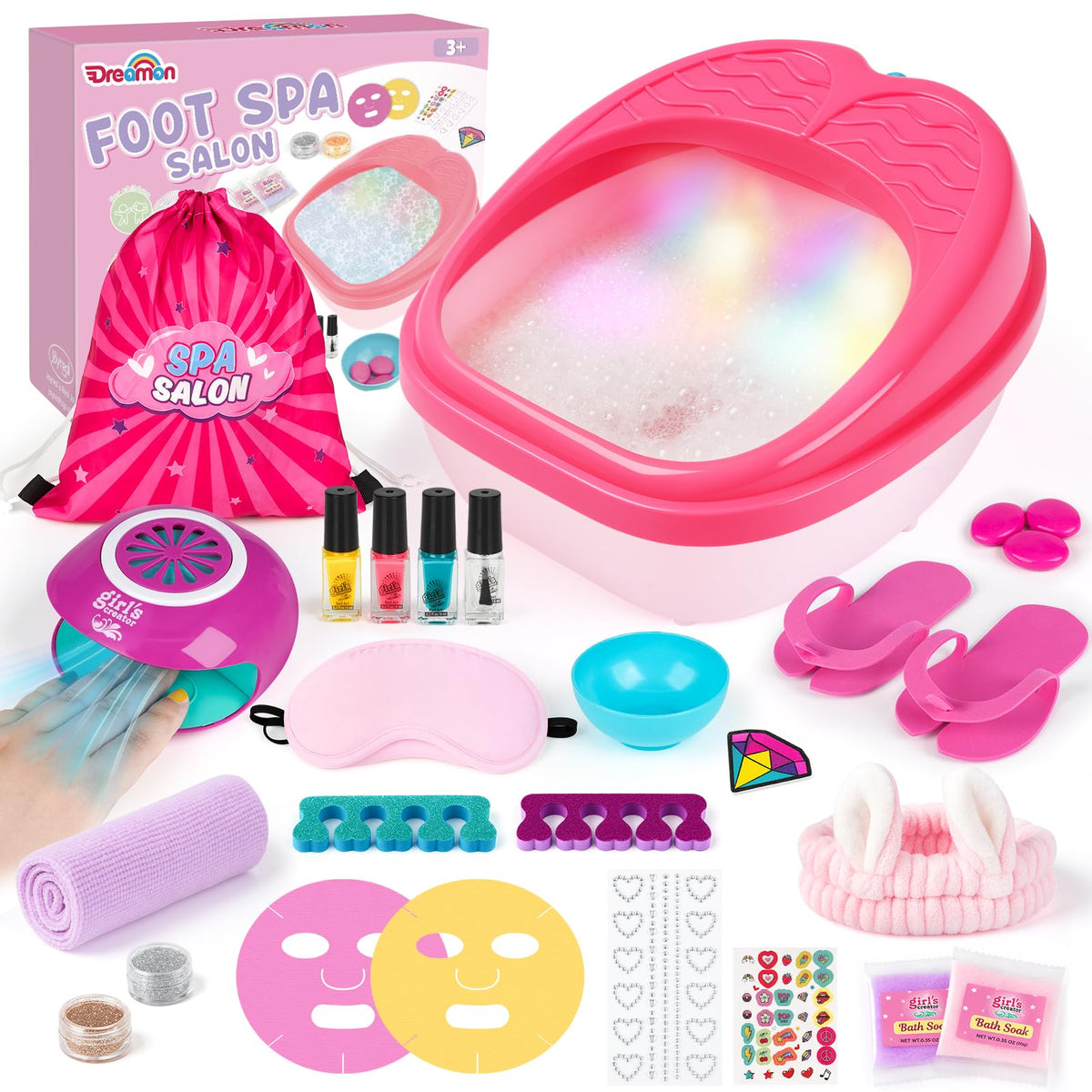 Dreamon foot spa front view showing tub and rainbow lights for calming soaks