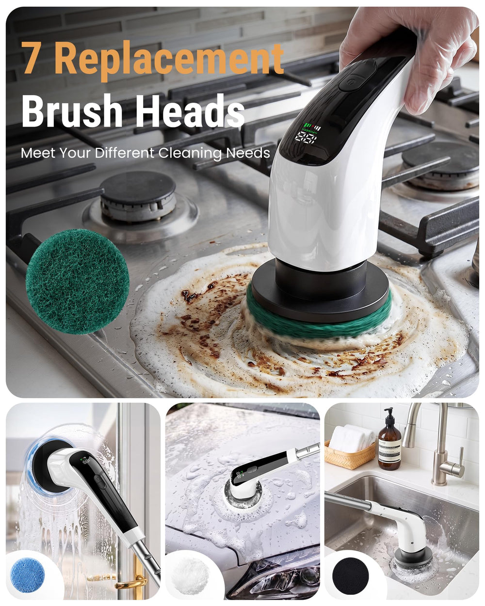 dreazu array of interchangeable brush heads offering task-specific cleaning options