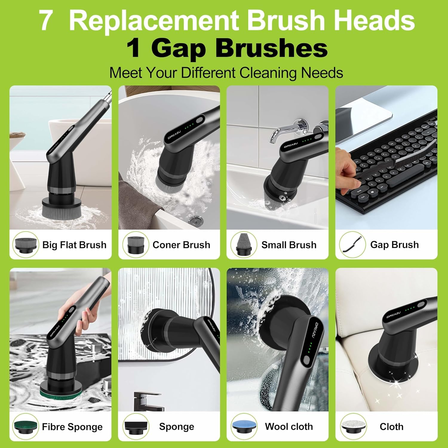 dreazu brush heads array illustrating versatile attachments for varied surfaces