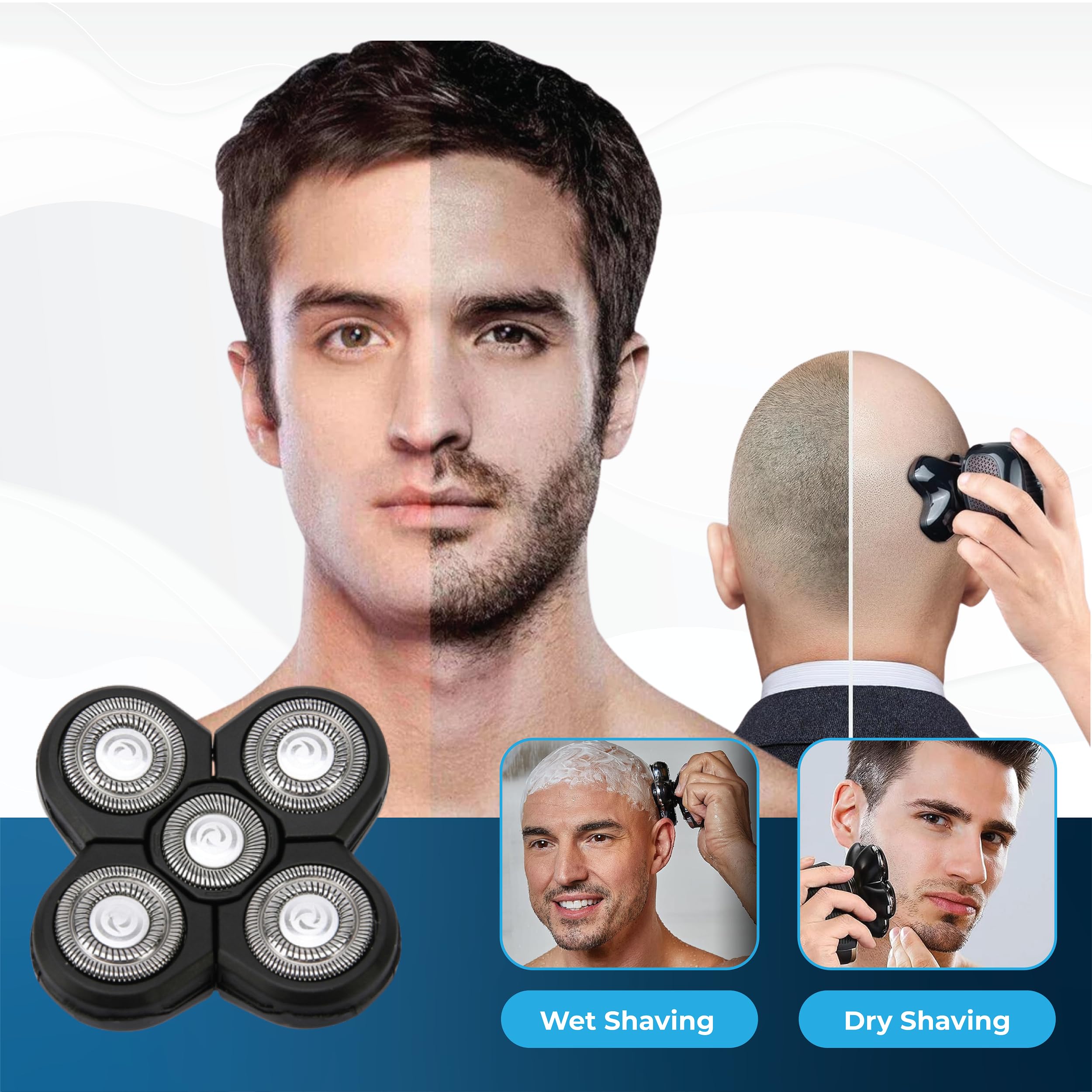 DREBIG heads on bathroom vanity next to shaving tools showing practical everyday grooming setup
