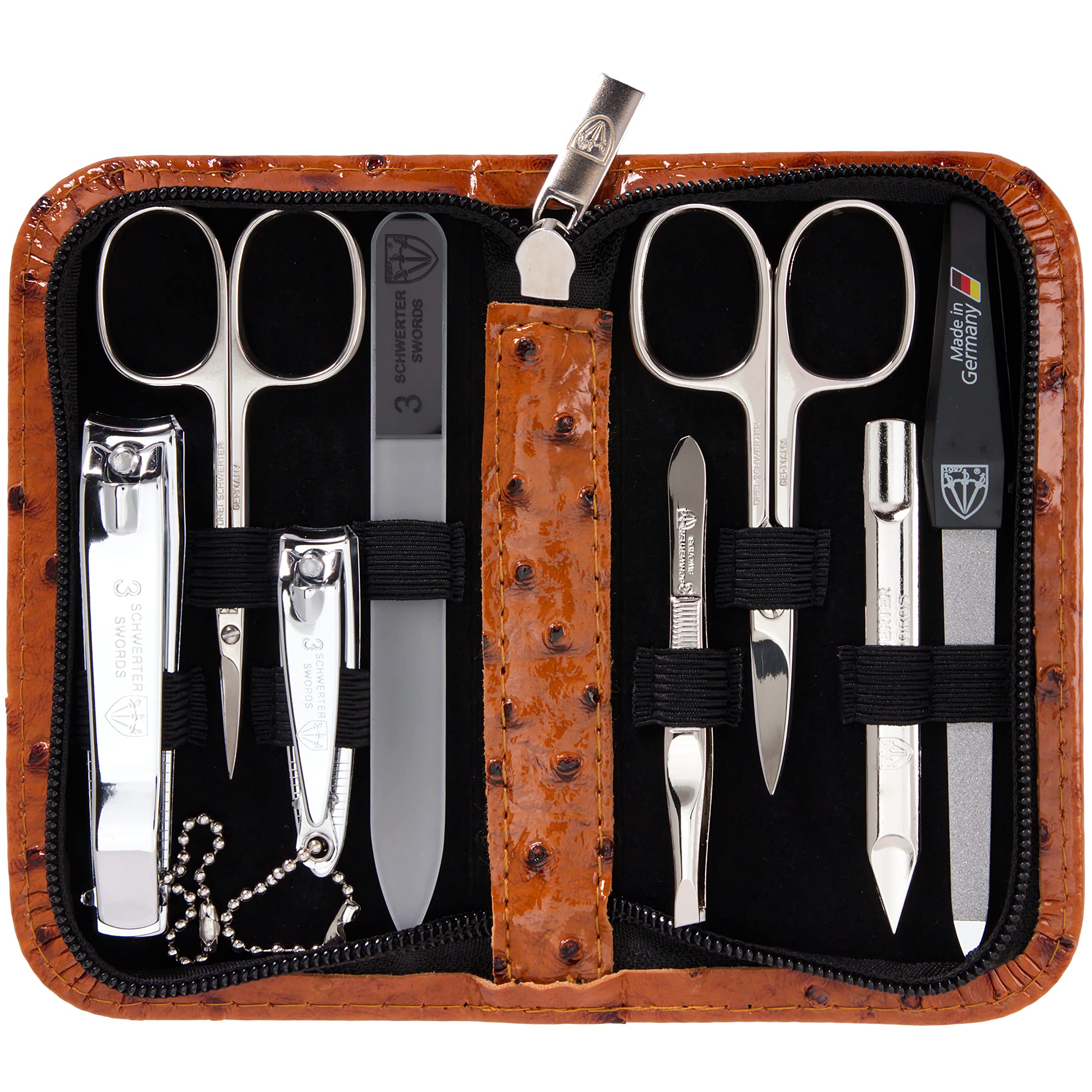 Drei Schwerter front packaging in cognac case showing travel-ready convenience