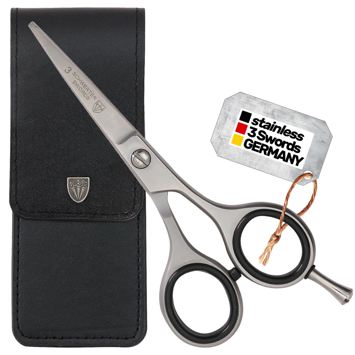 Drei Schwerter front view of scissors and case showing compact protection