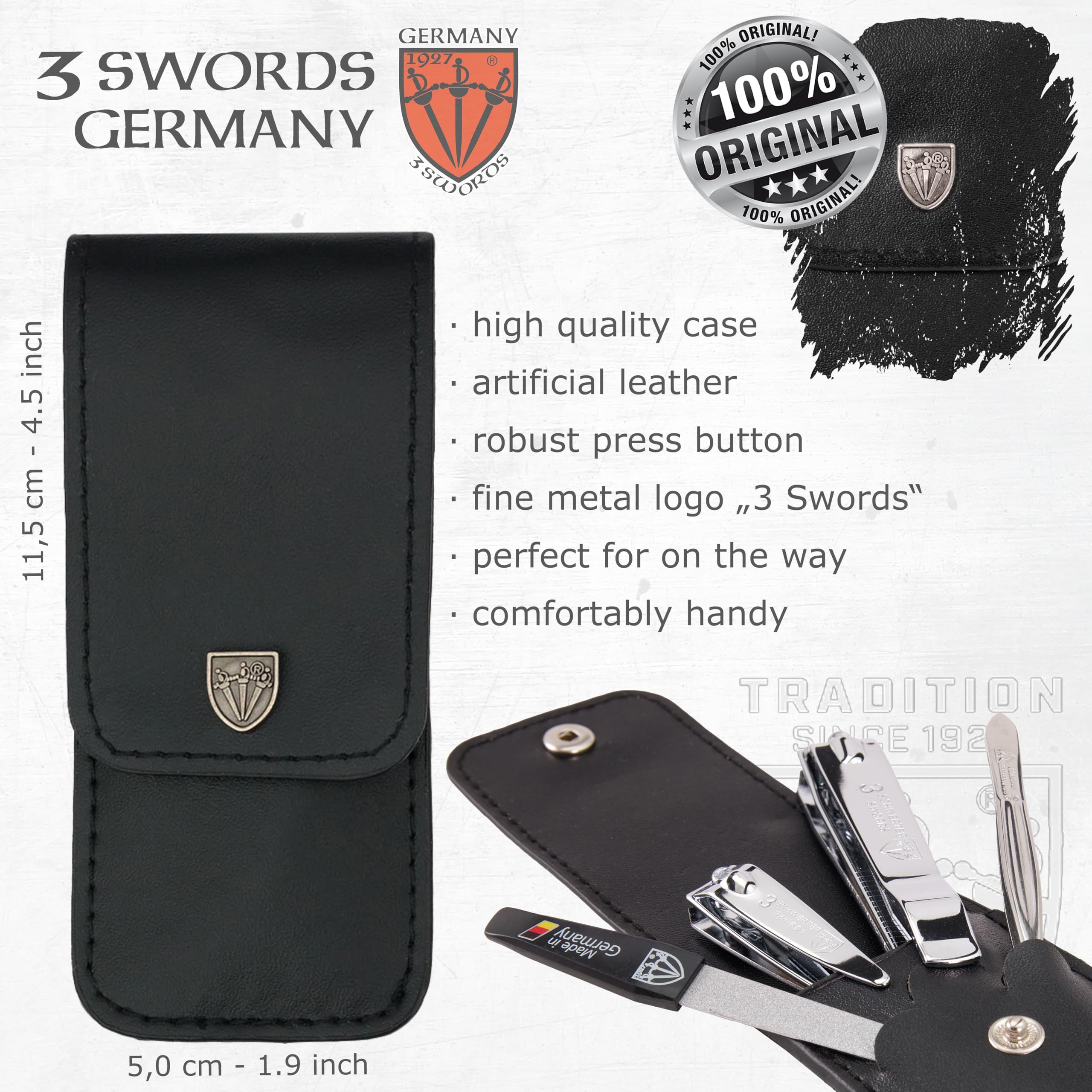 Drei Schwerter black leather case open showing secure storage for tools