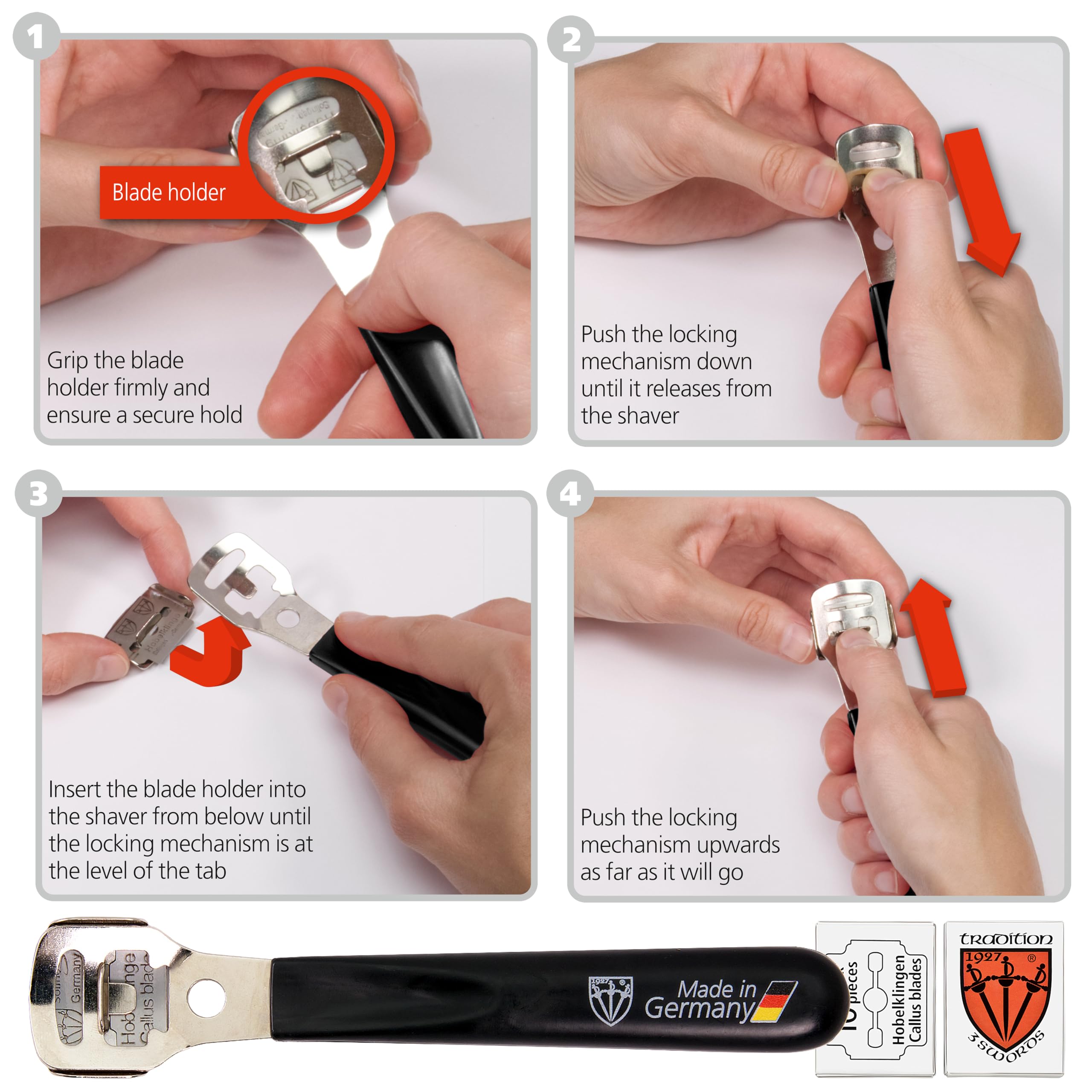 Drei Schwerter tool held in hand for scale, compact design for precise handling