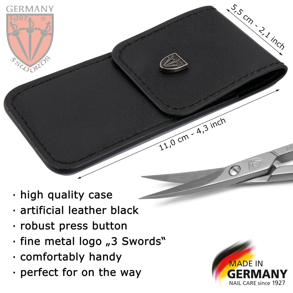 Drei Schwerter scissors snug in faux-leather case for protected travel storage