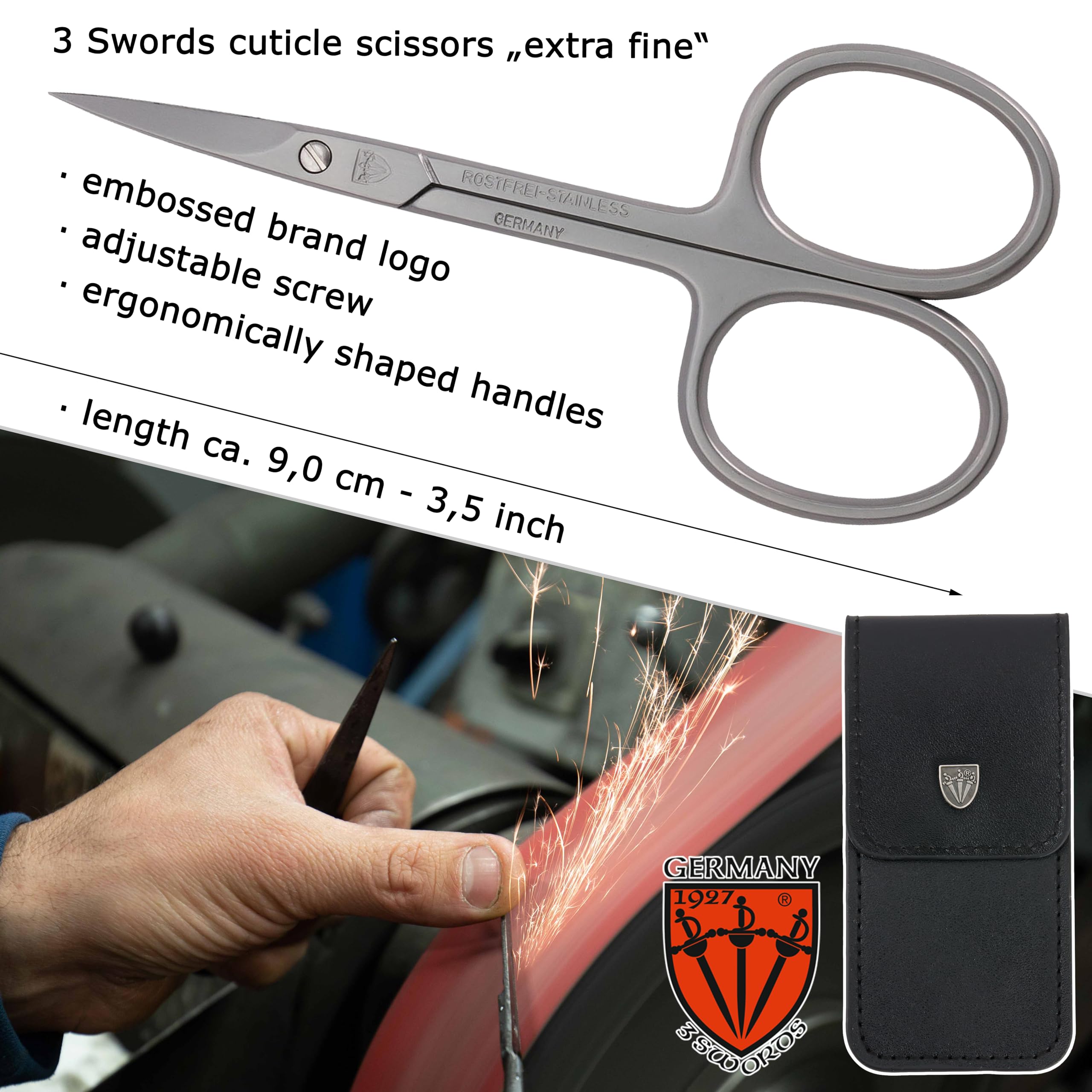 Drei Schwerter scissors held in hand to show size and easy maneuverability benefit