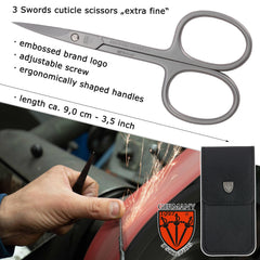 Drei Schwerter scissors held in hand to show size and easy maneuverability benefit