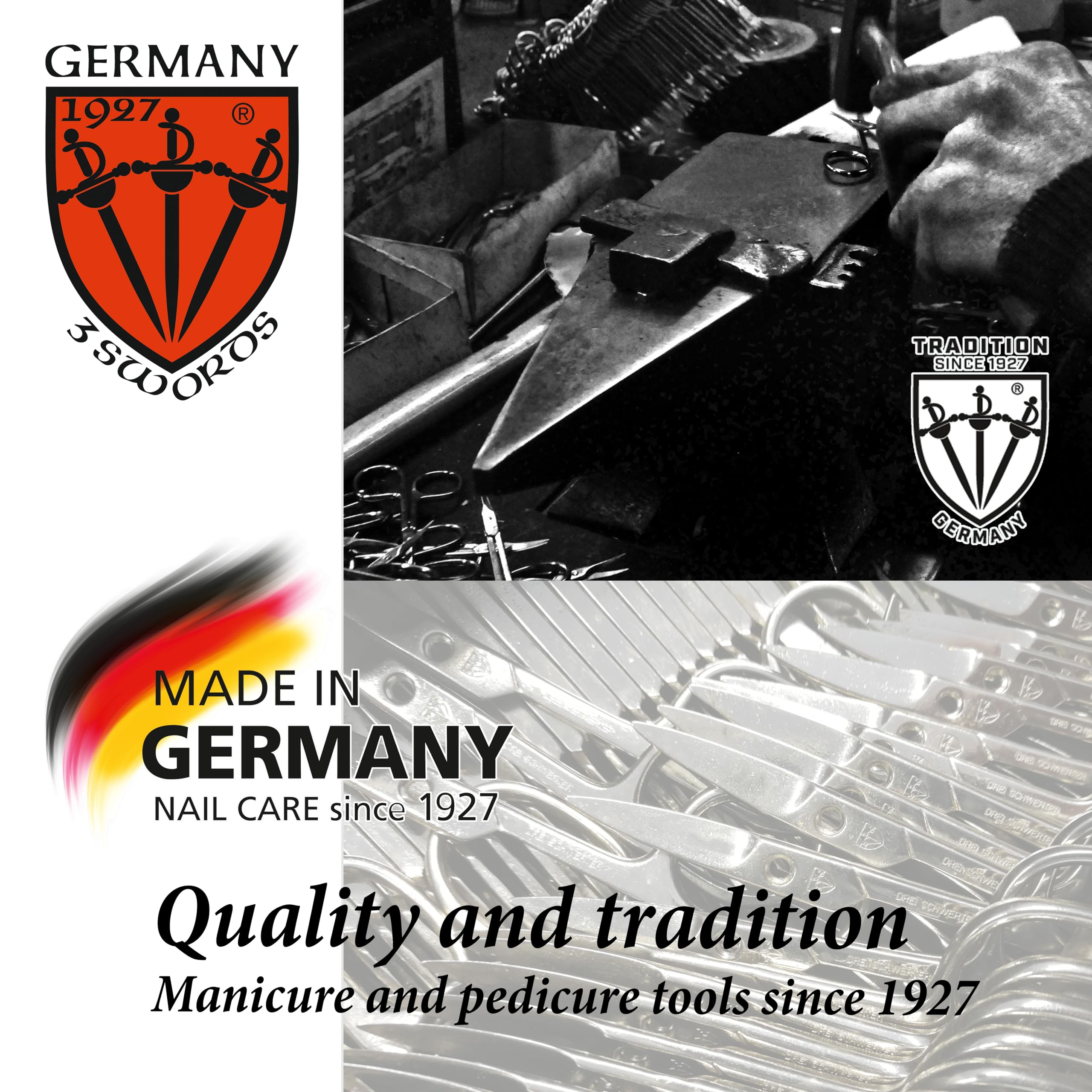 Drei Schwerter stainless-steel texture and finish indicating corrosion resistance benefit
