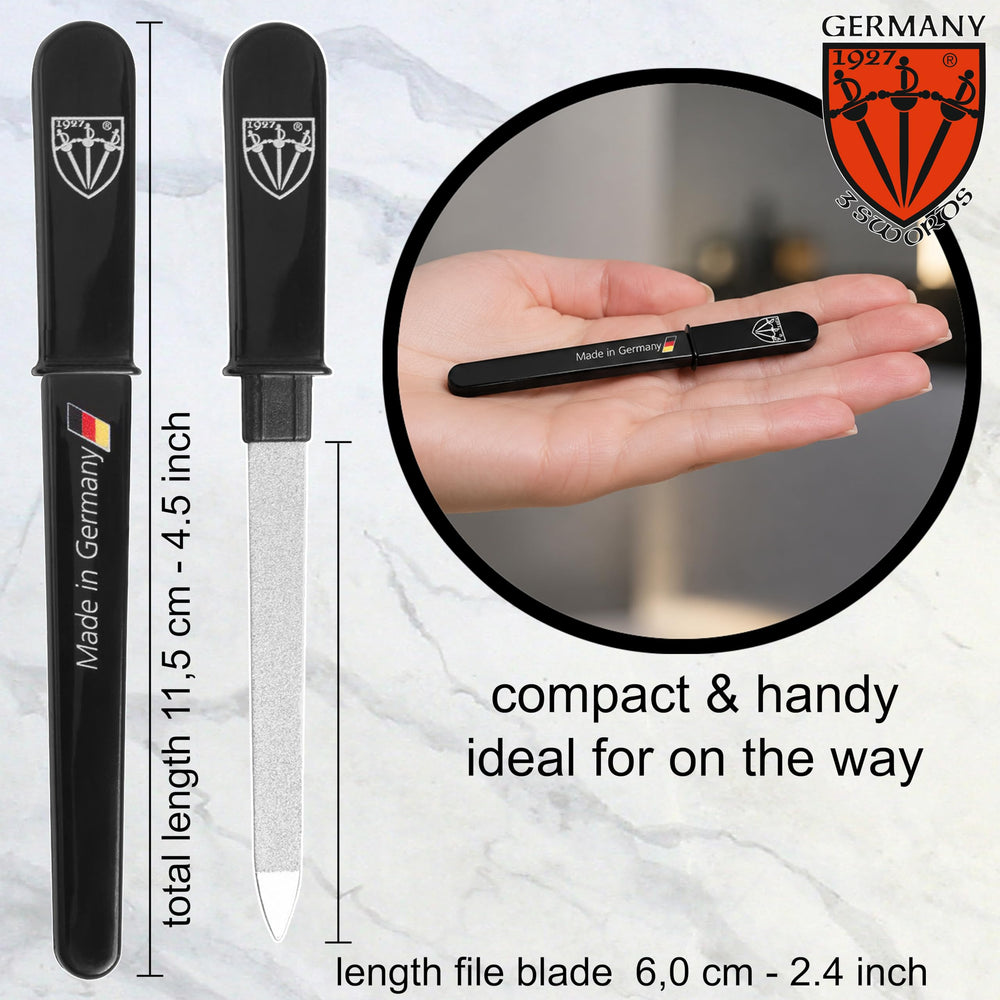 Drei Schwerter being used on natural nails showing neat shaping and quick touch-up