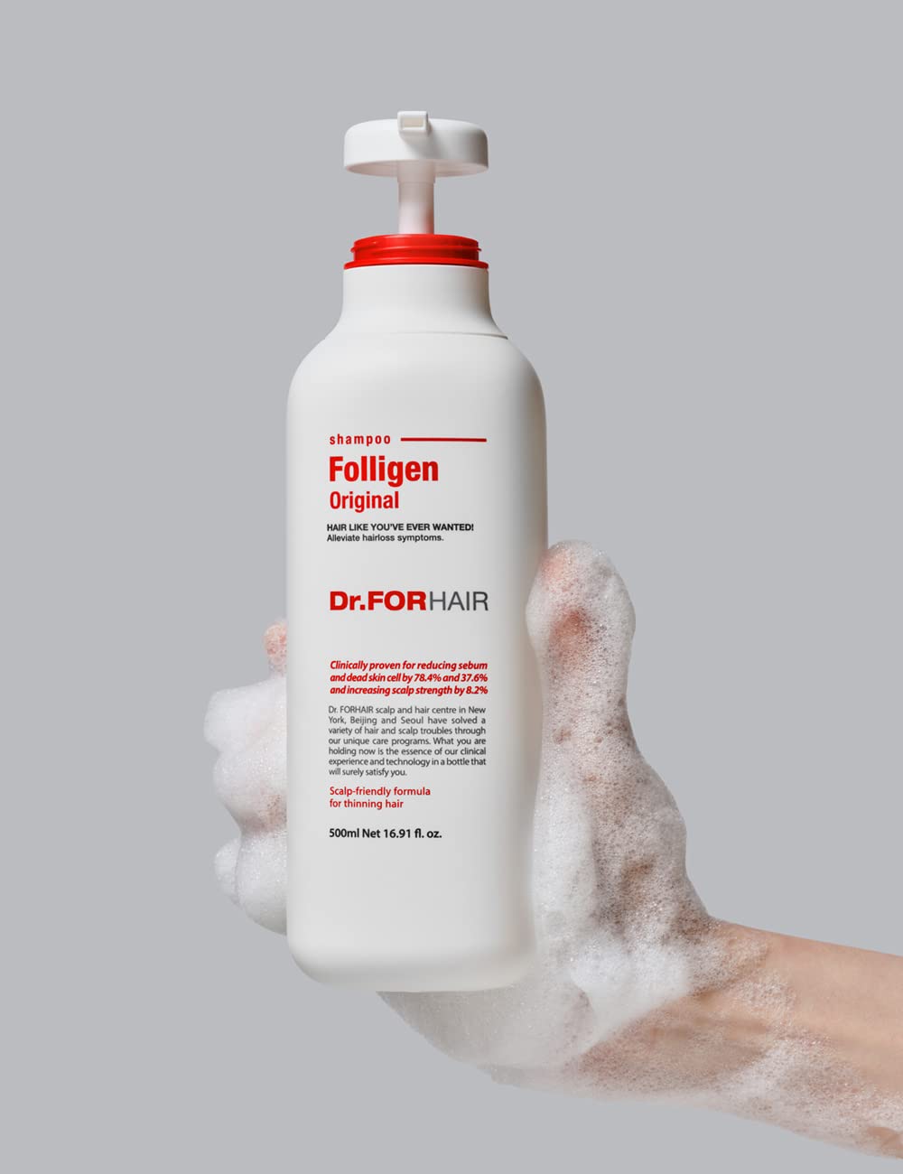 DR.FORHAIR Folligen Original in bathroom lifestyle showing daily use and cleaner scalp result