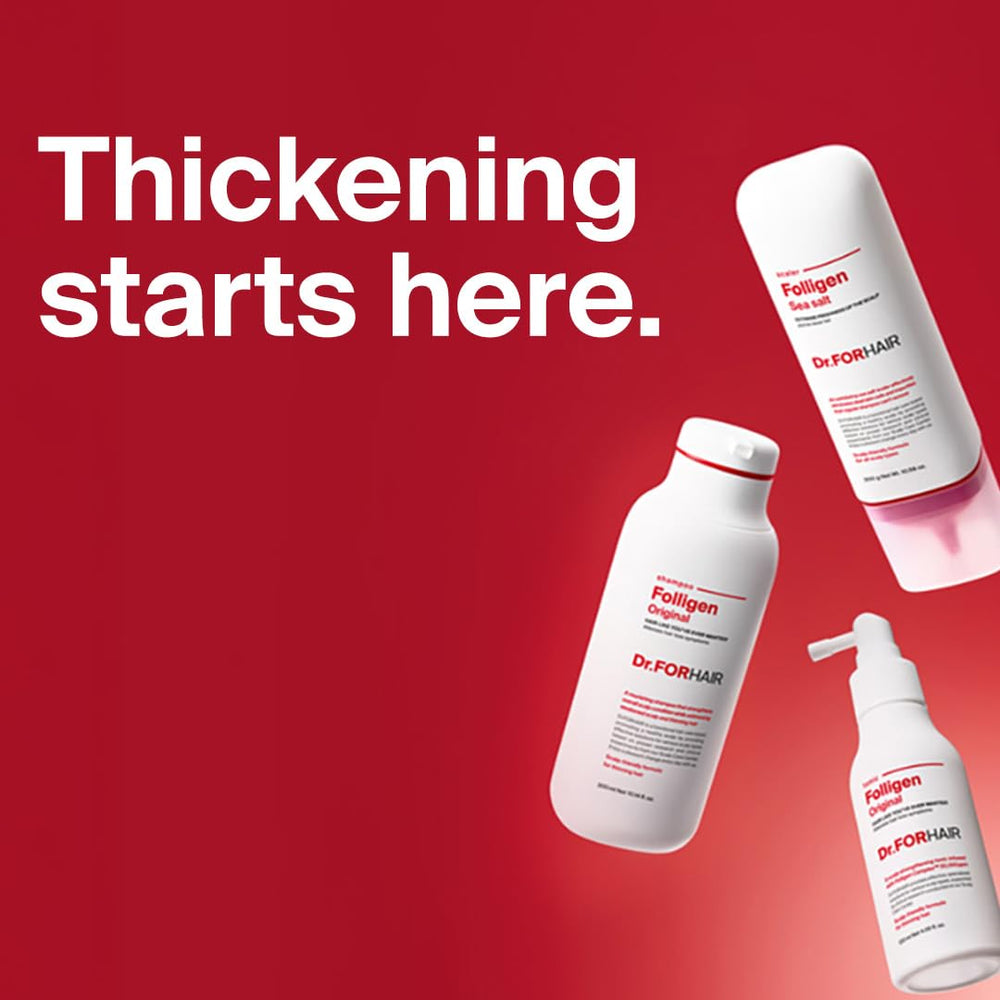 DR.FORHAIR bottle flatlay with key ingredients emphasizing scalp clarity