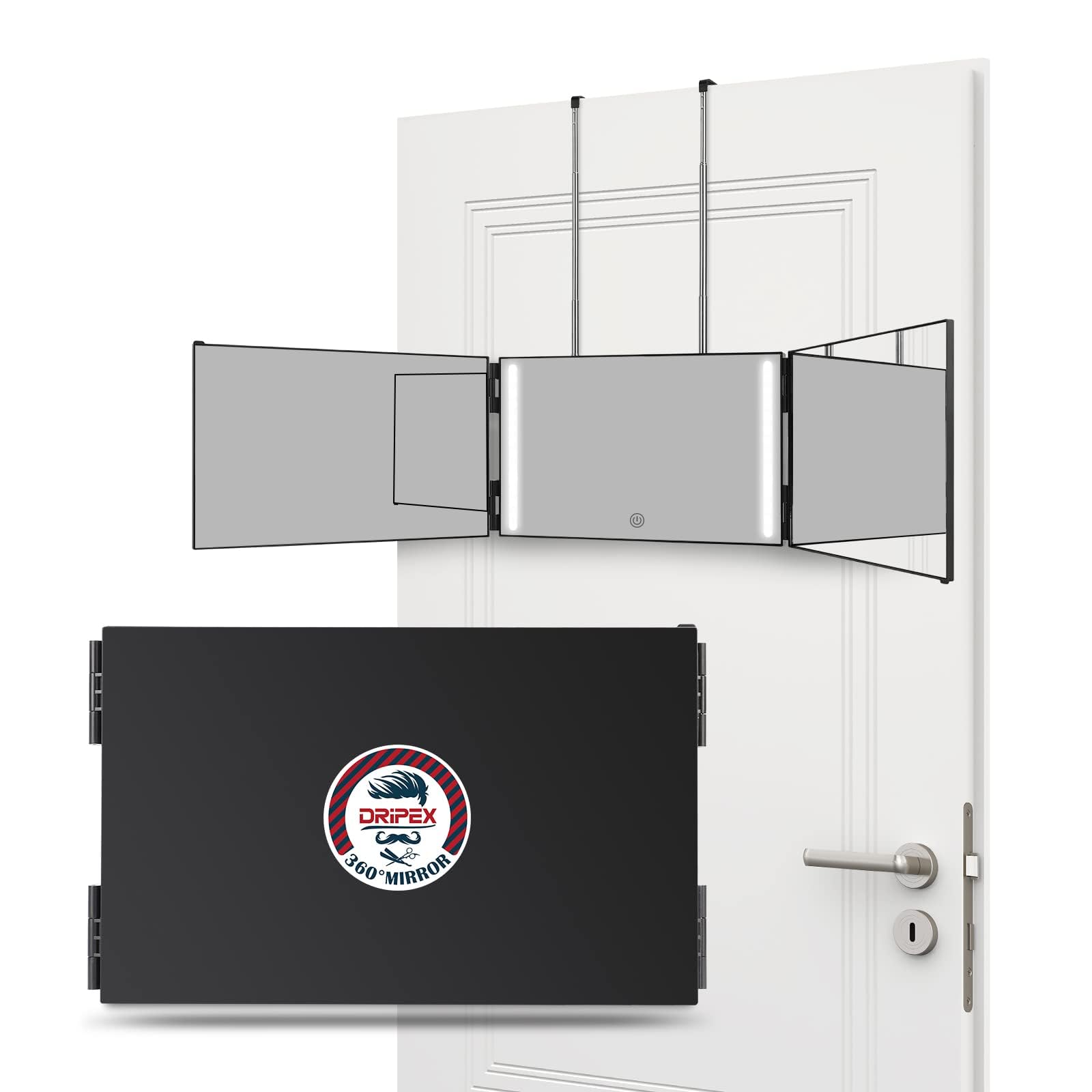 Dripex front view hung on door showing clear reflection and convenience