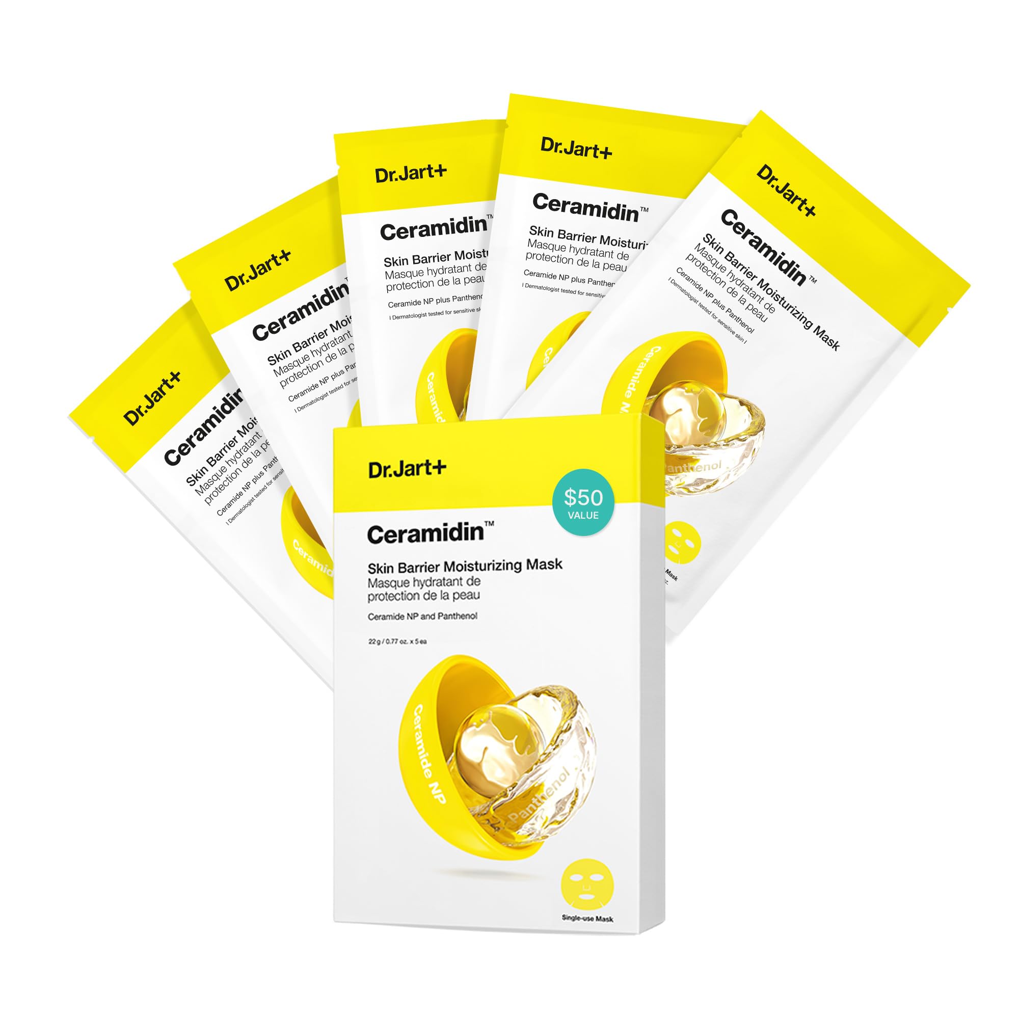 Dr.Jart+ front packaging showing five-sheet value pack and quick benefits