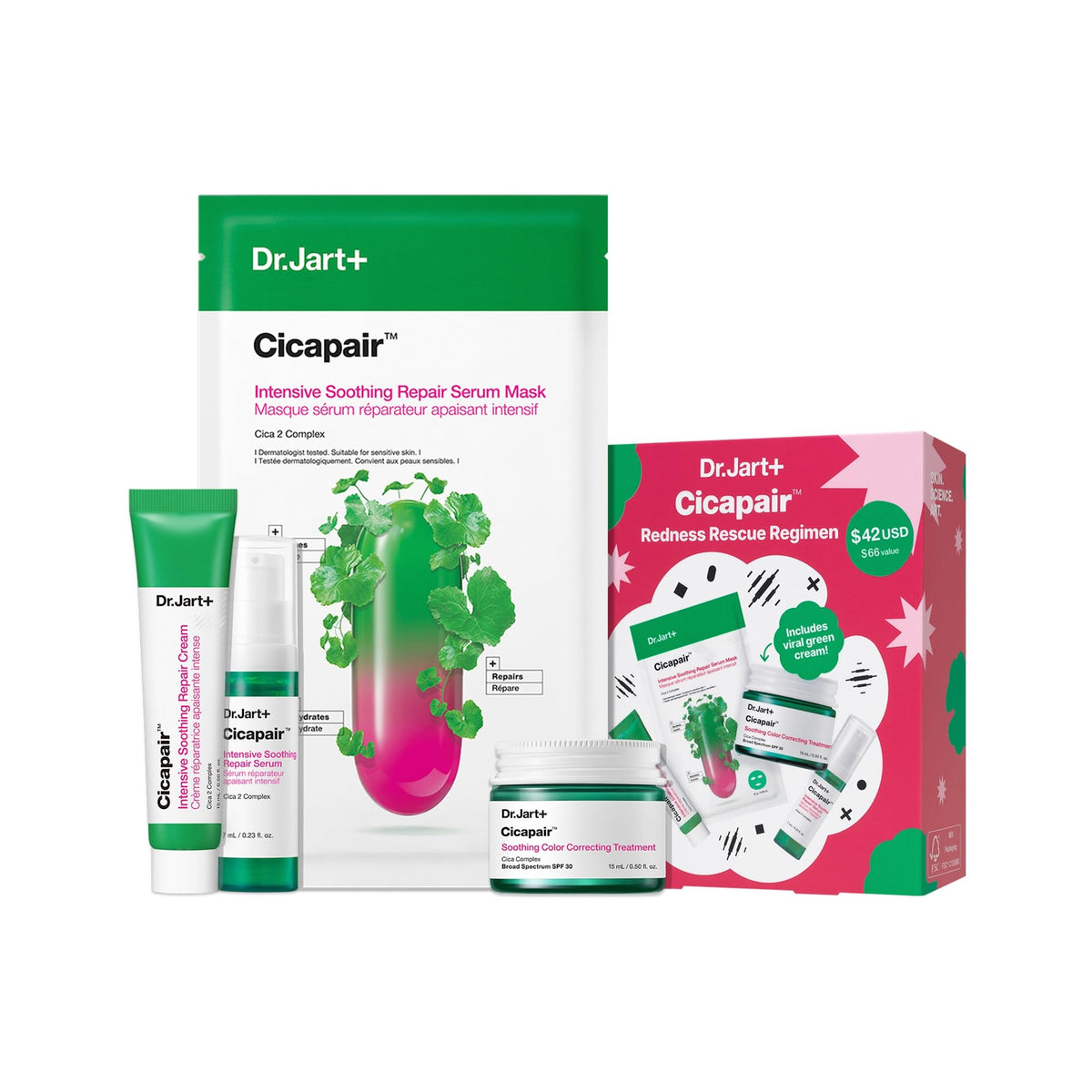 Dr.Jart+ front packaging showing the four-piece redness rescue kit benefit travel-friendly