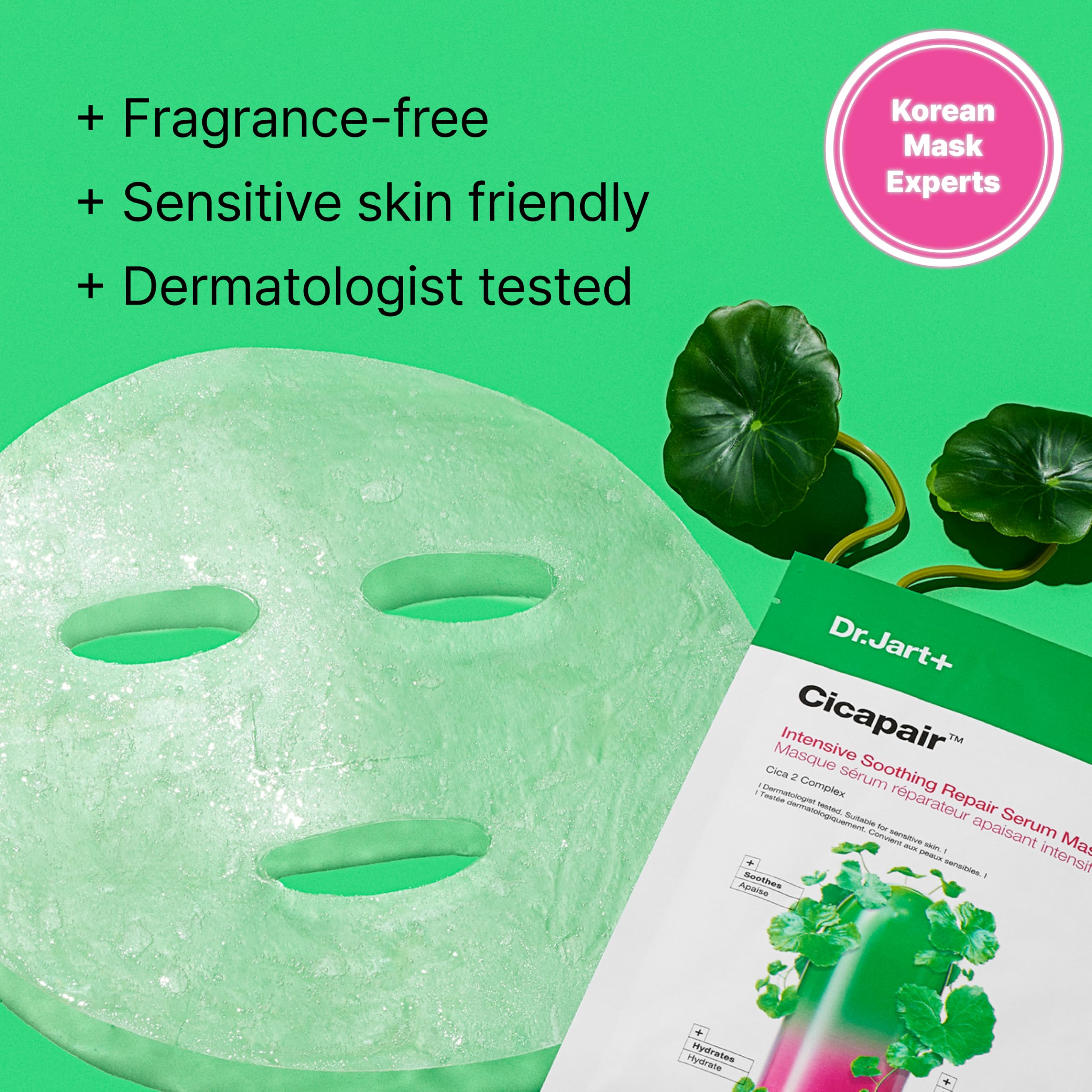 Dr.Jart+ sheet mask applied on model illustrating calming, cooling effect