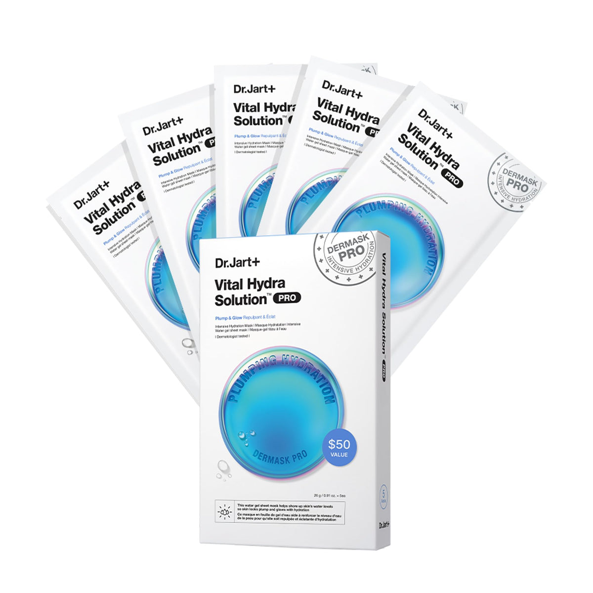 Dr.Jart+ front packaging showing five hydrating masks and product name benefits