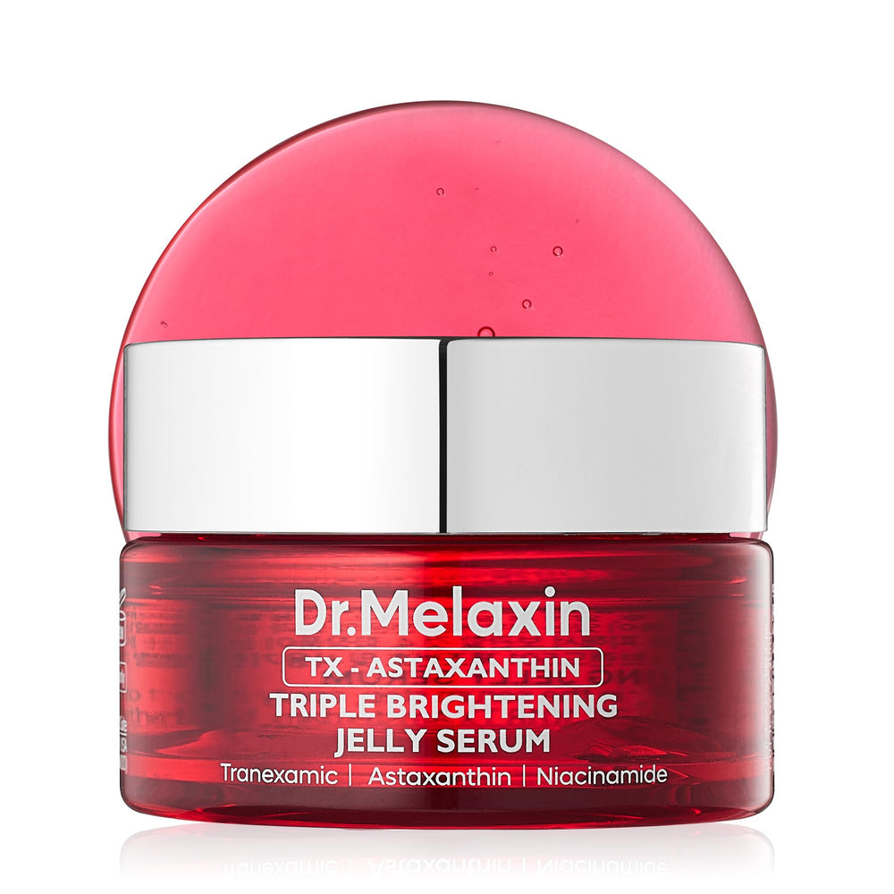 Dr.Melaxin front packaging showing TX astaxanthin triple jelly serum for bright, even skin