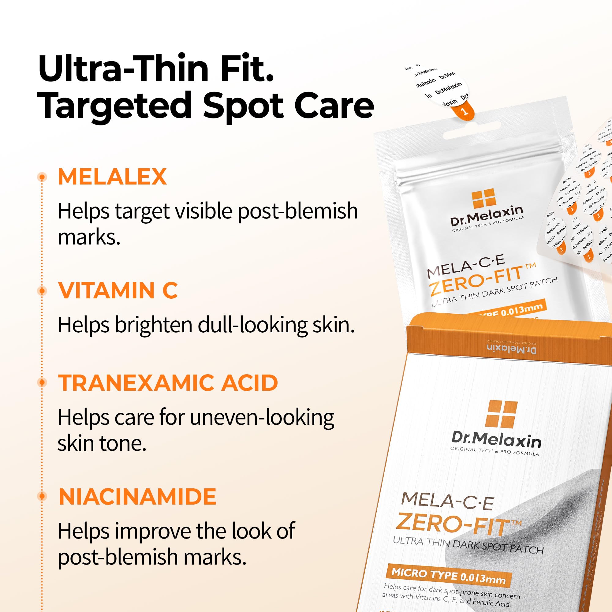 Dr.Melaxin ingredient display of Vitamin C, E and Ferulic Acid supporting skin tone