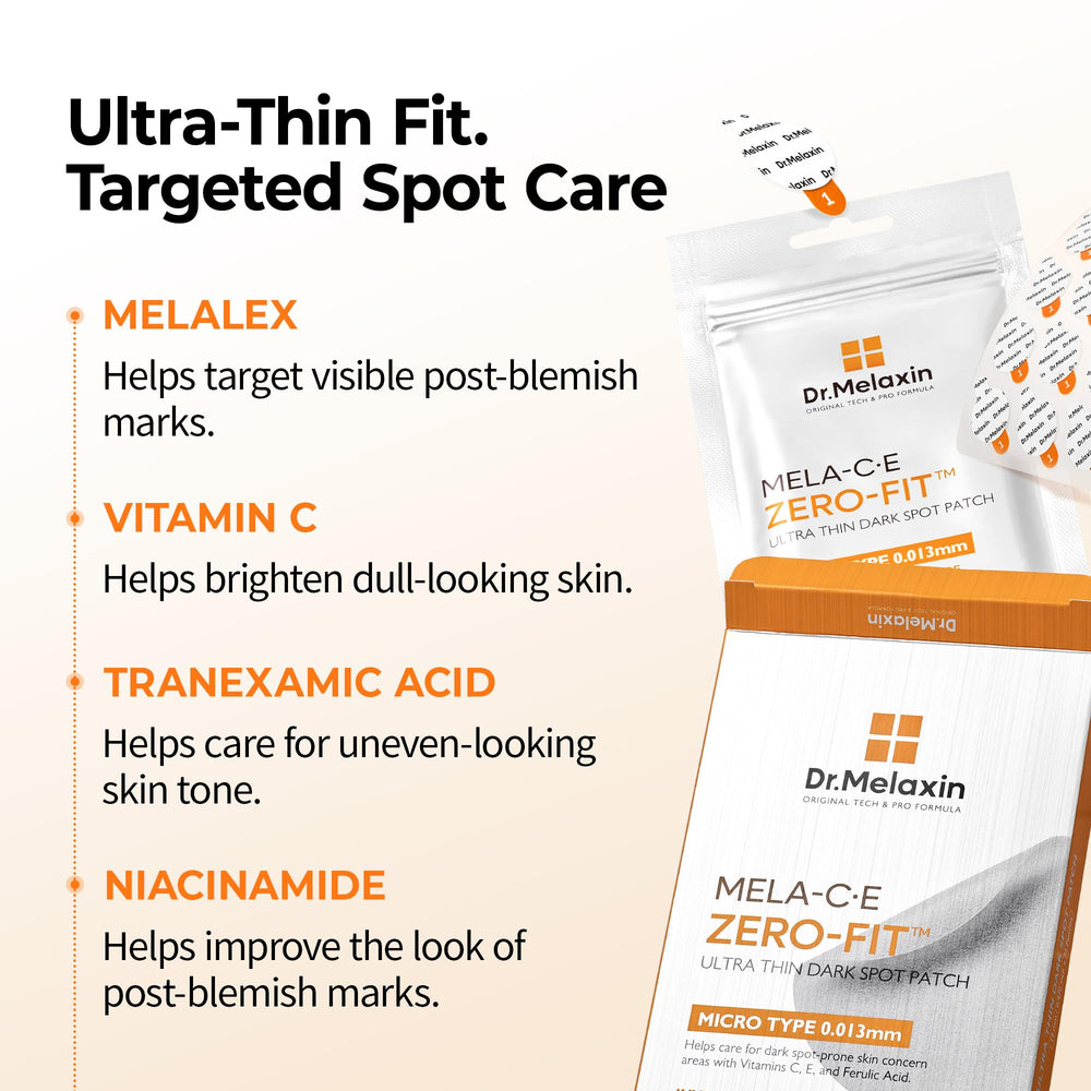 Dr.Melaxin ingredient display of Vitamin C, E and Ferulic Acid supporting skin tone