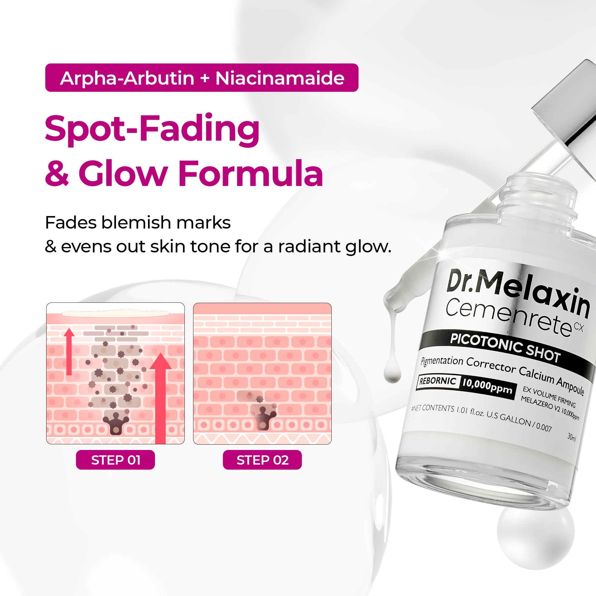 Dr.Melaxin serum texture spread on skin demonstrating lightweight absorption