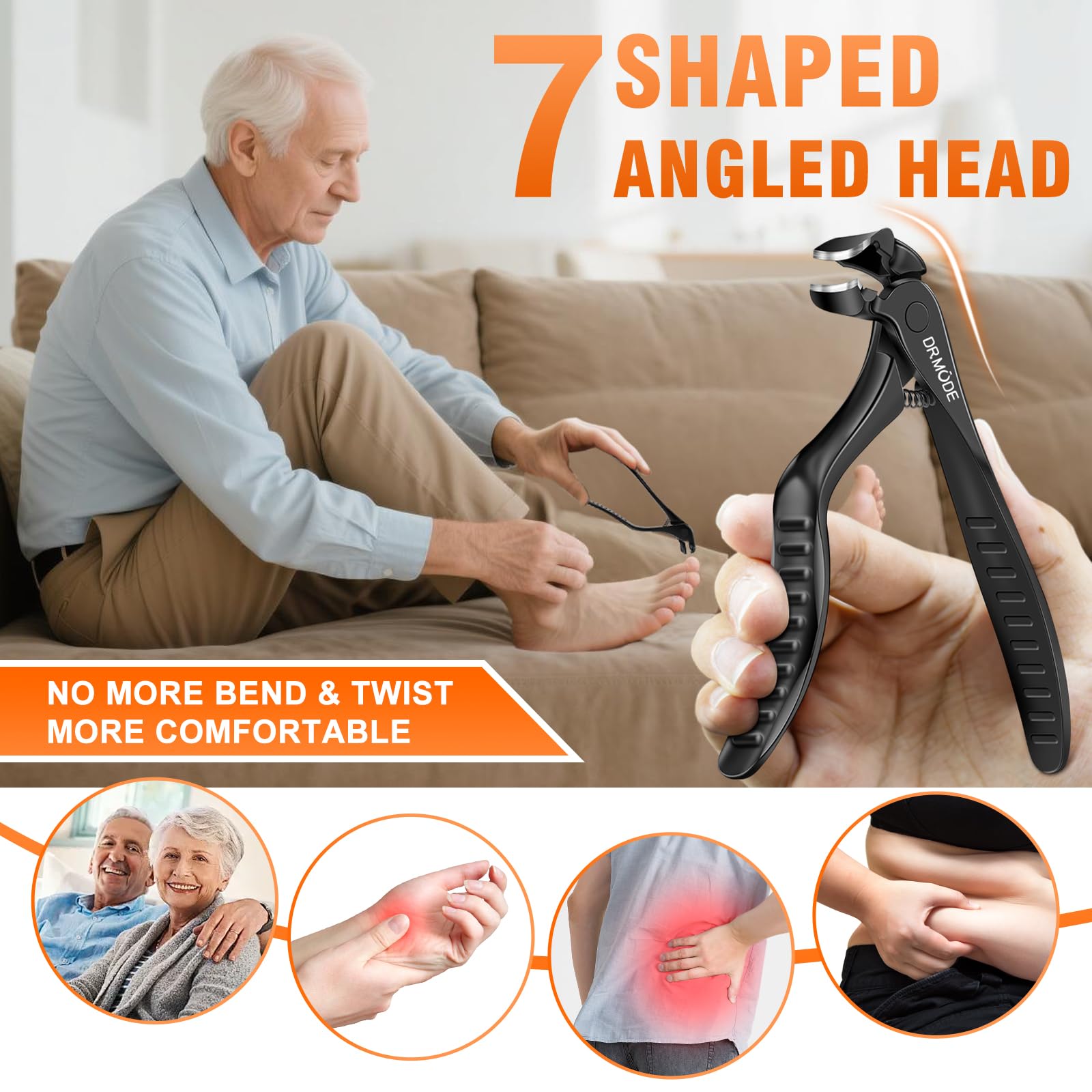 DRMODE close-up of the long non-slip handle highlighting grip comfort and reduced hand strain benefit