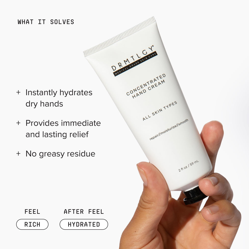 DRMTLGY hand cream texture close-up demonstrating smooth hydration and quick absorption