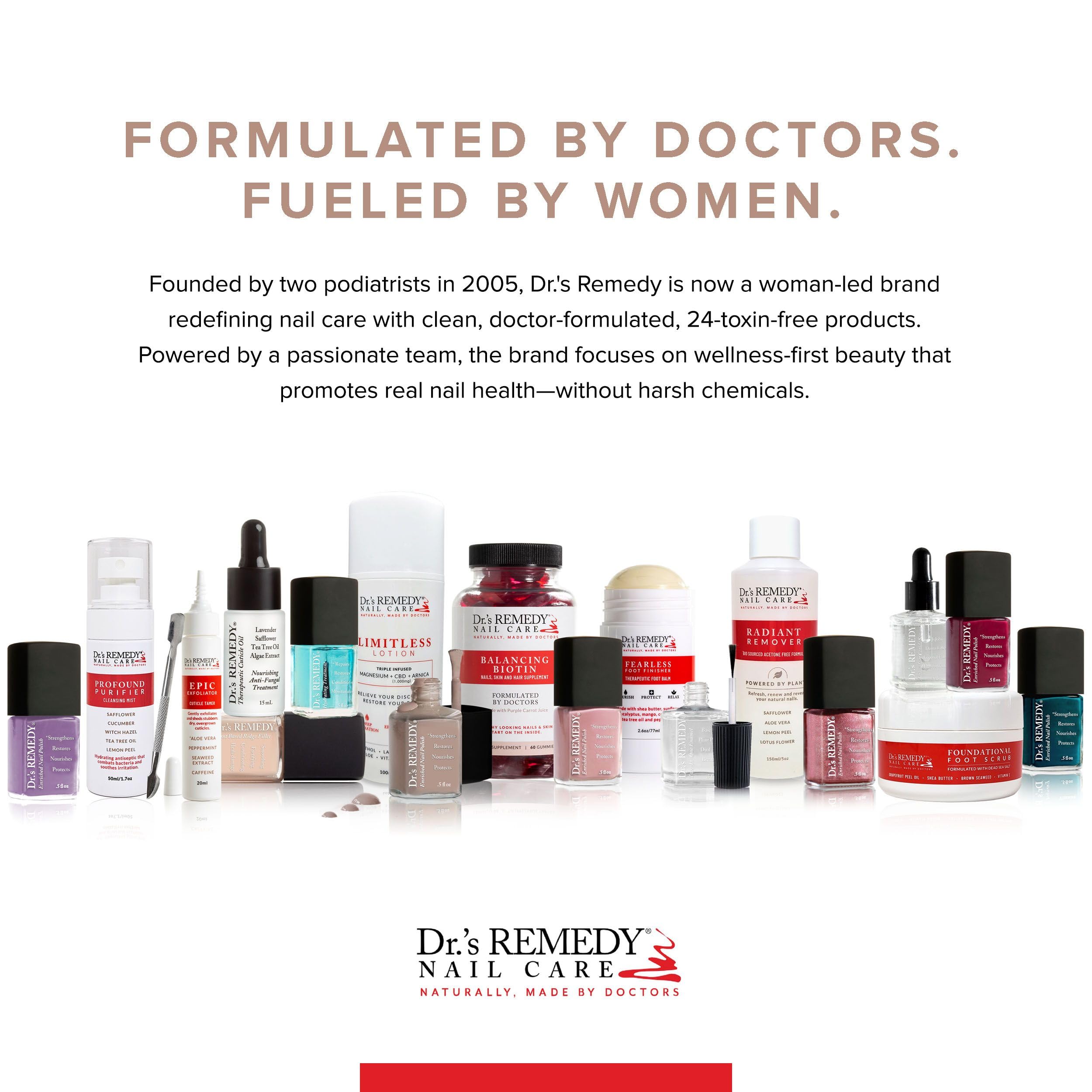 Dr.'s Remedy on vanity beside nail tools conveying salon-grade care