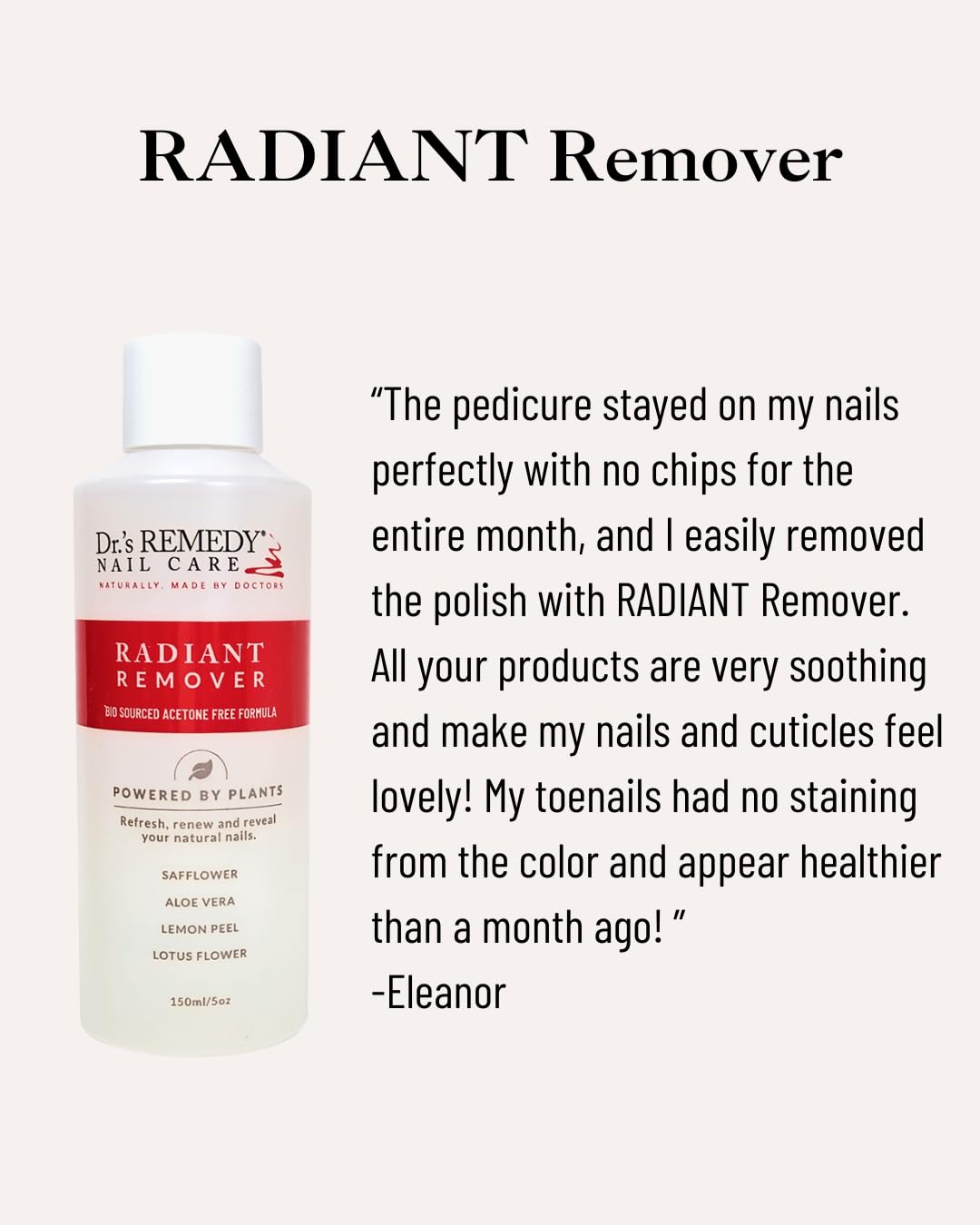 Dr.'s Remedy being used to remove polish demonstrating gentle, effective removal