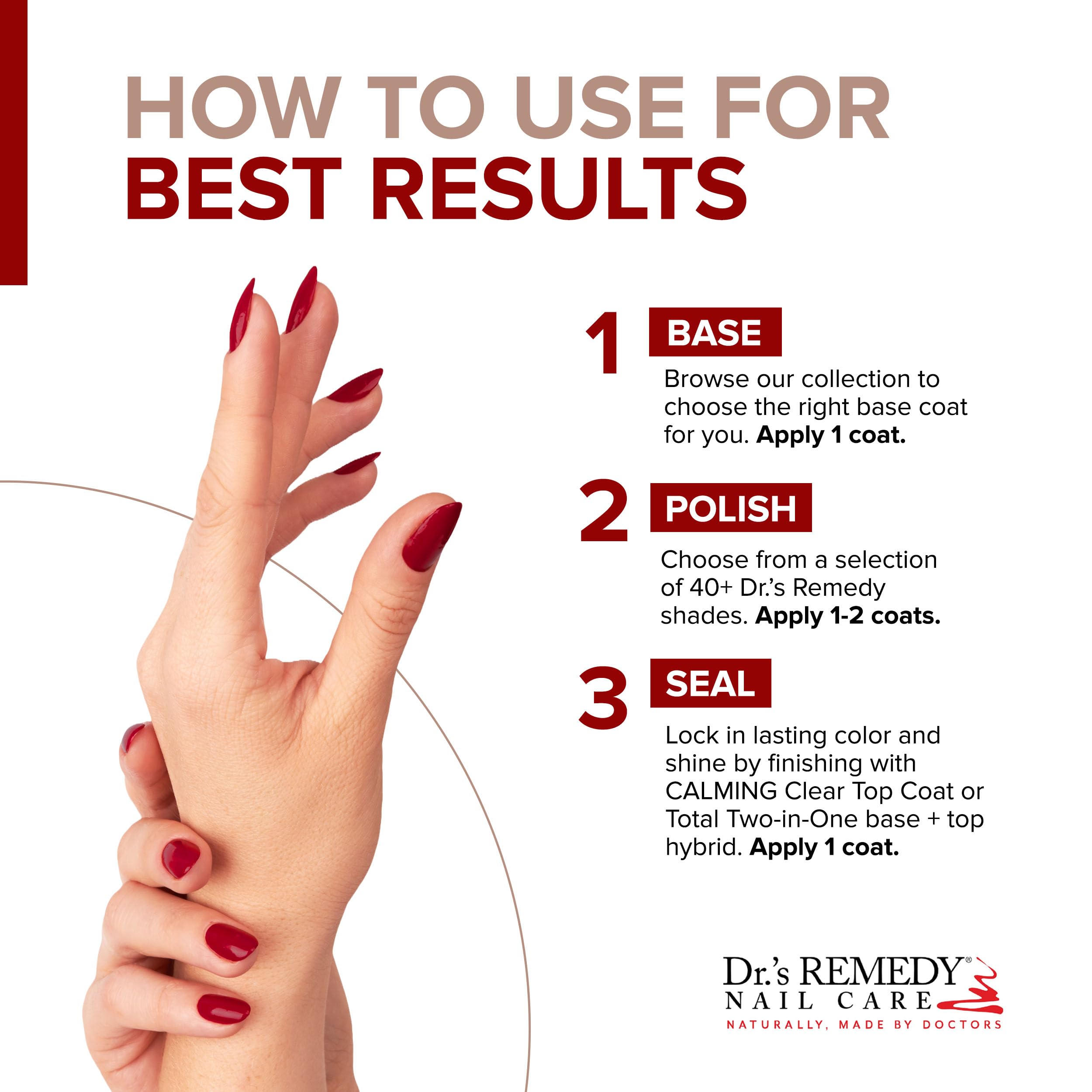 Dr.'s Remedy RESCUE Red bottle beside a hand for scale showing portable size benefit