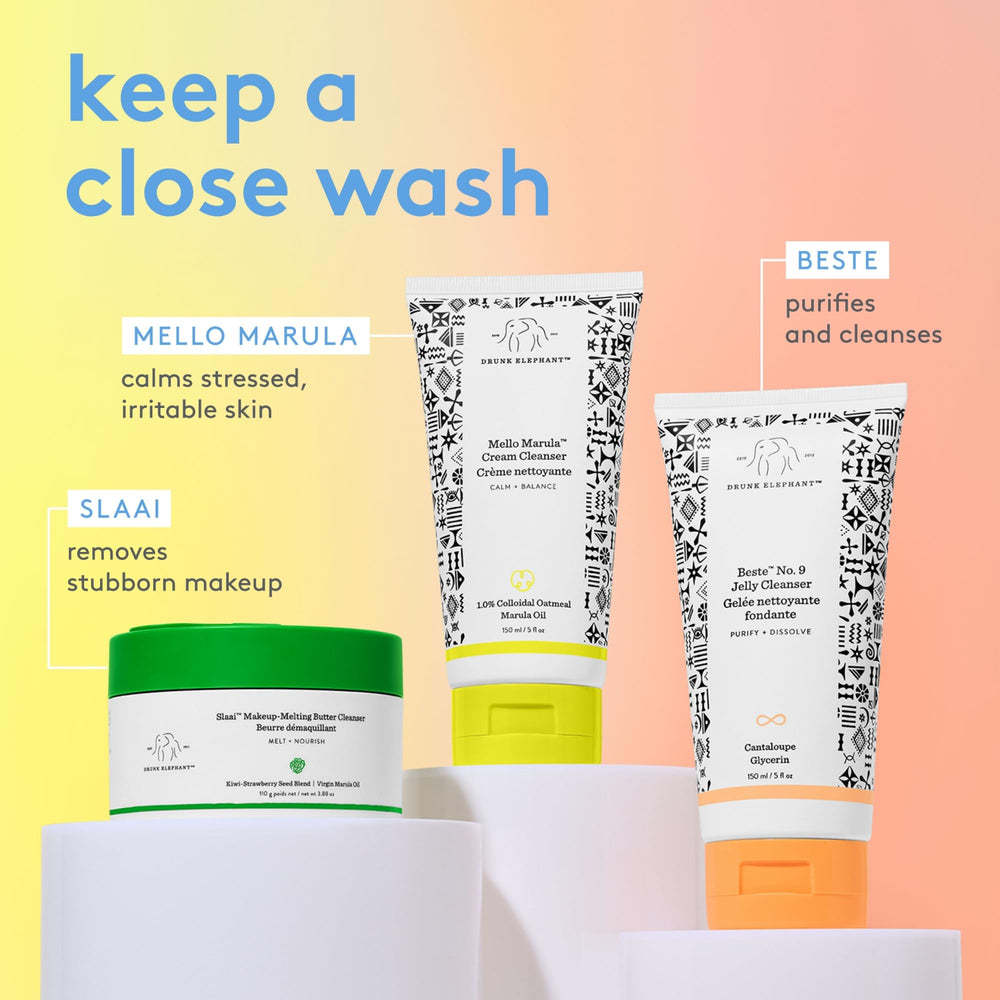 Drunk Elephant cleanser on bathroom shelf showing clean-beauty routine appeal