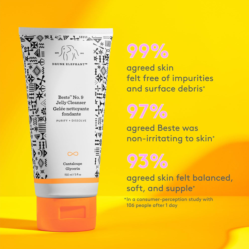 Drunk Elephant travel-size bottle in hand demonstrating compact 150 ml scale and convenience