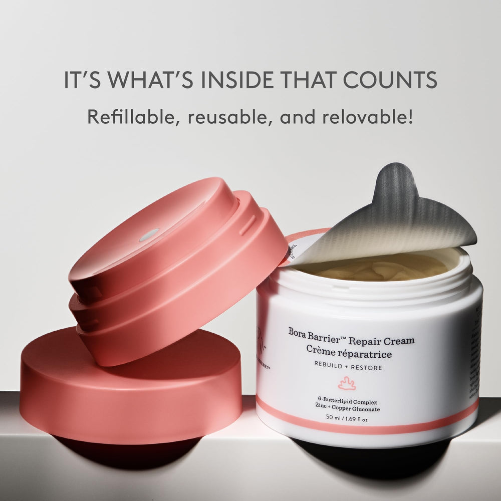 Drunk Elephant 50 ml jar next to everyday items to show true size and portability