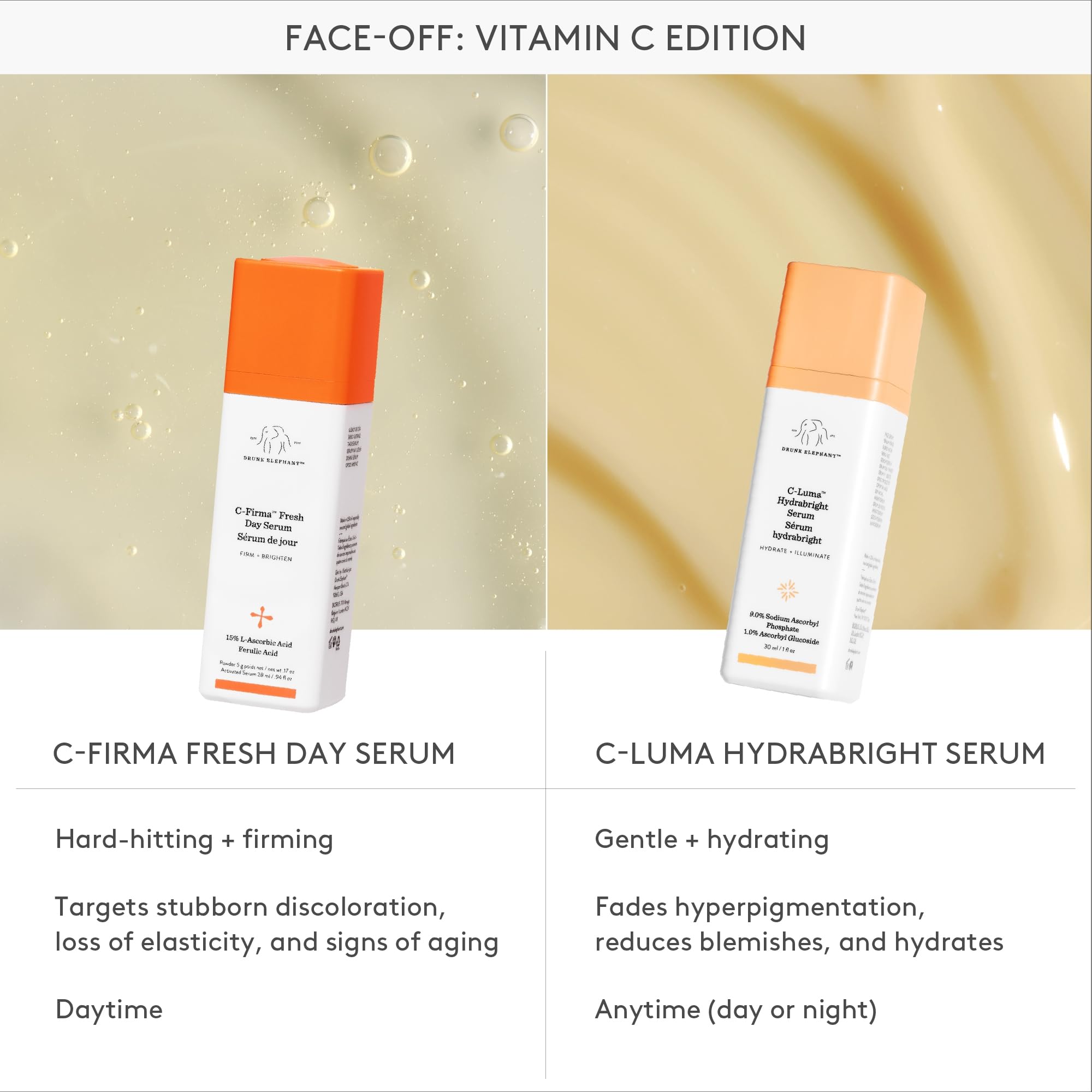 Drunk Elephant before and after skin tone comparison, illustrates brightening effects