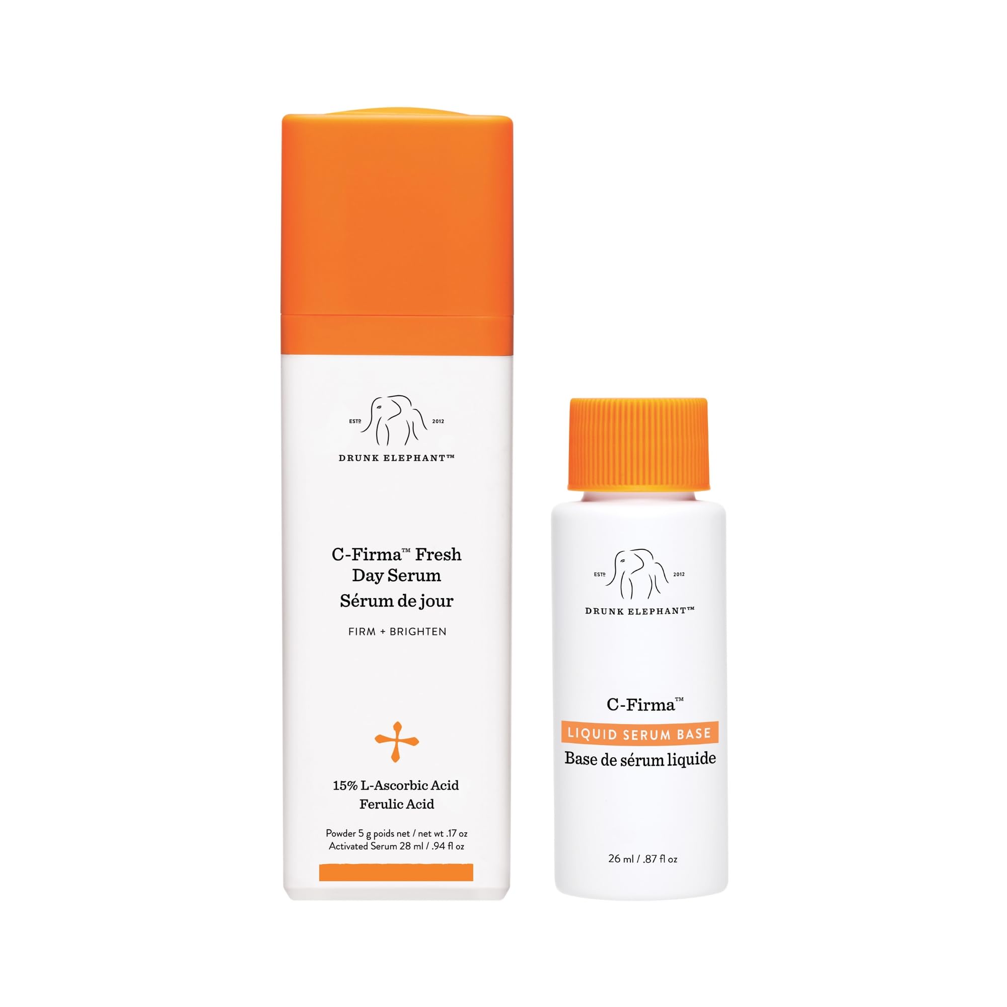 Drunk Elephant front packaging showing bottle and freshness activation, highlights potency
