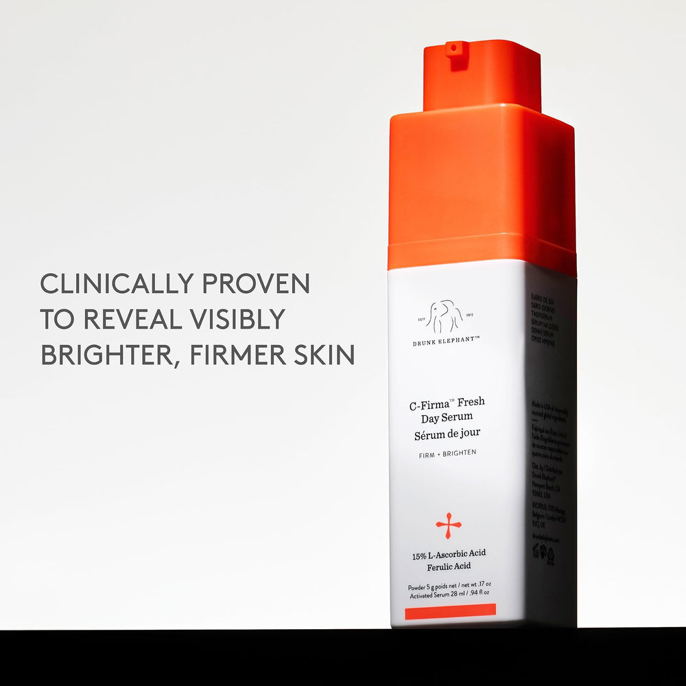 Drunk Elephant ingredient label close-up showing vitamin C and ferulic acid benefits